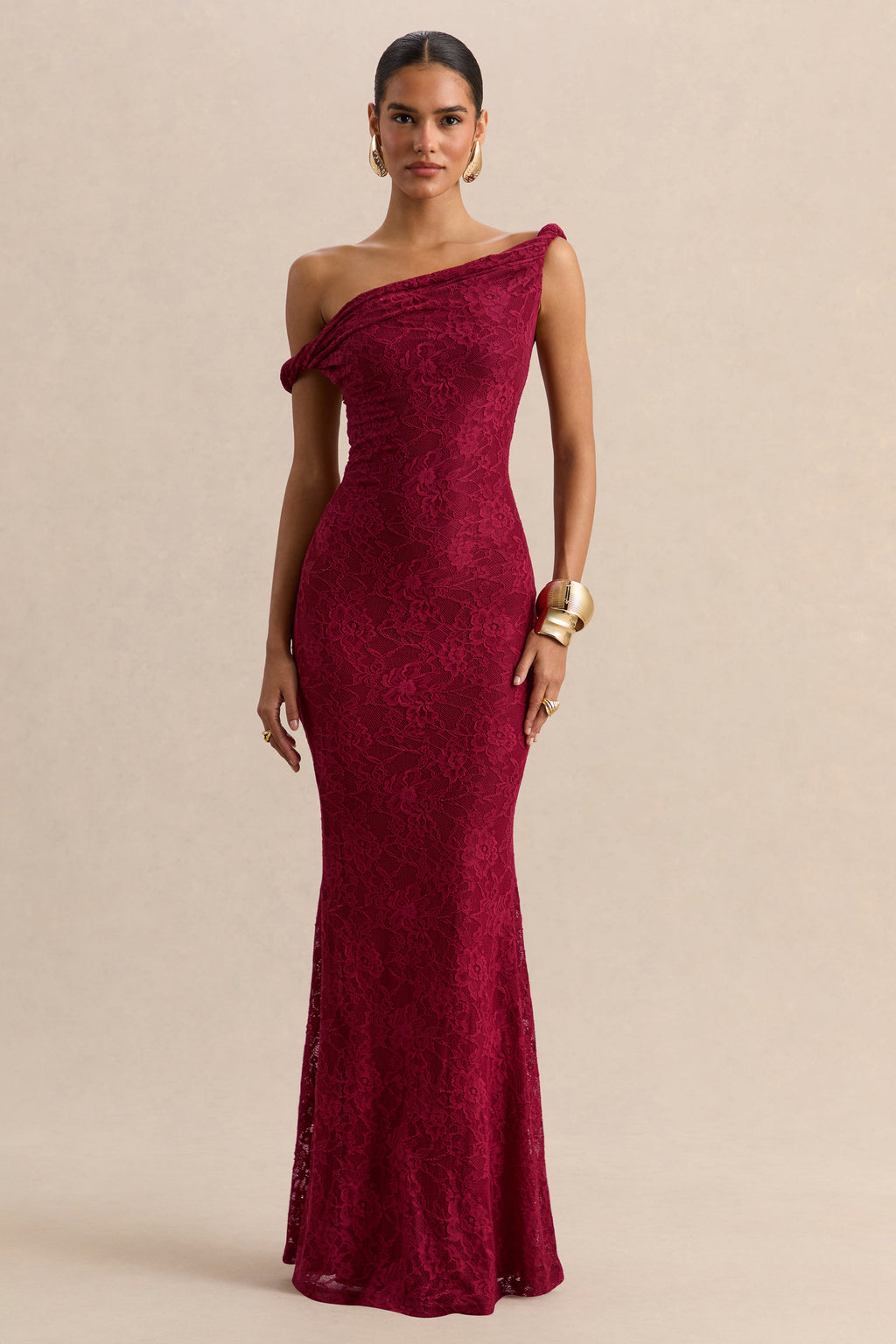Afina | Burgundy Lace Asymmetric-Neck Maxi Dress