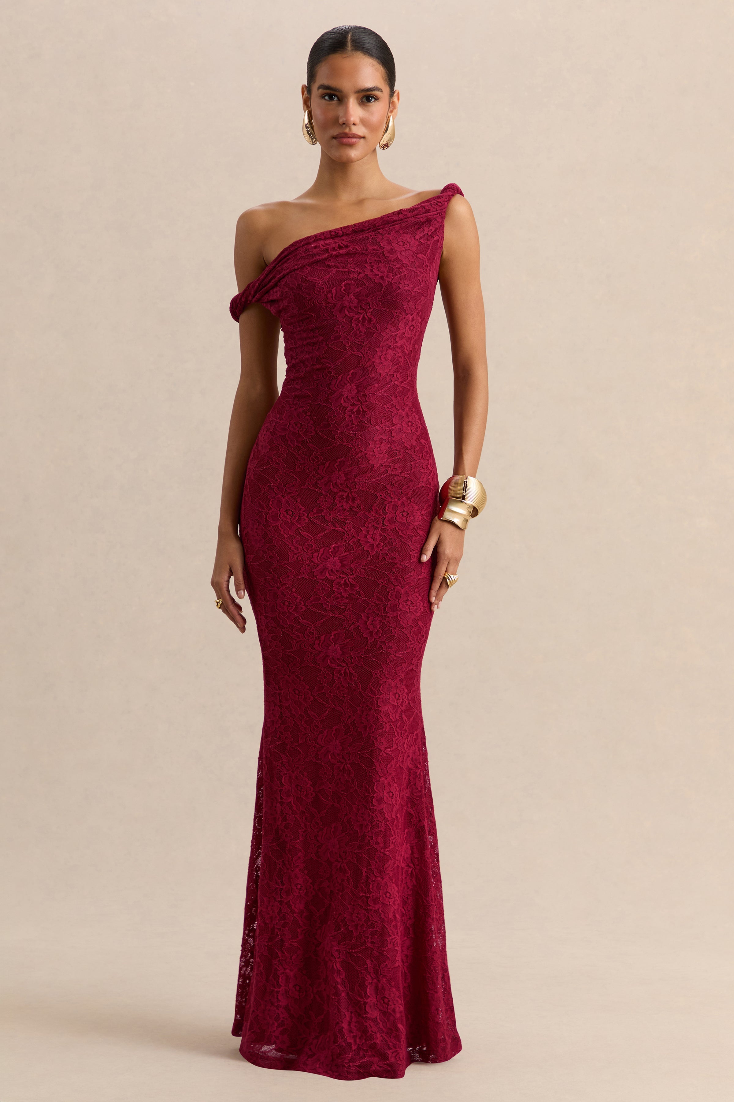 Afina | Burgundy Lace Asymmetric-Neck Maxi Dress
