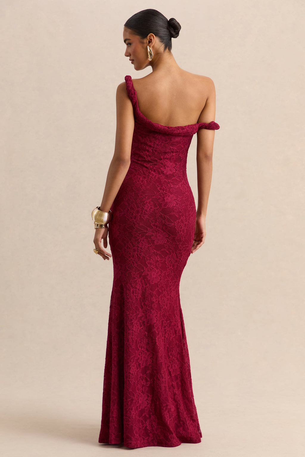 Afina | Burgundy Lace Asymmetric-Neck Maxi Dress