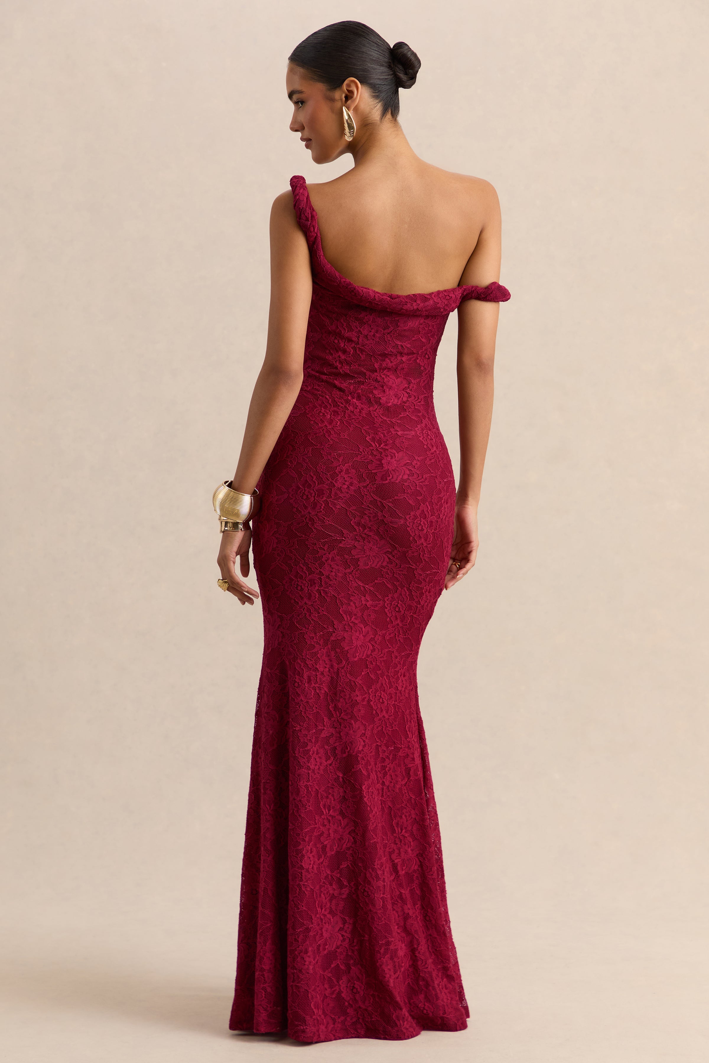 Afina | Burgundy Lace Asymmetric-Neck Maxi Dress