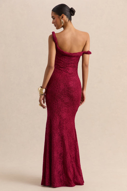 Afina | Burgundy Lace Asymmetric-Neck Maxi Dress