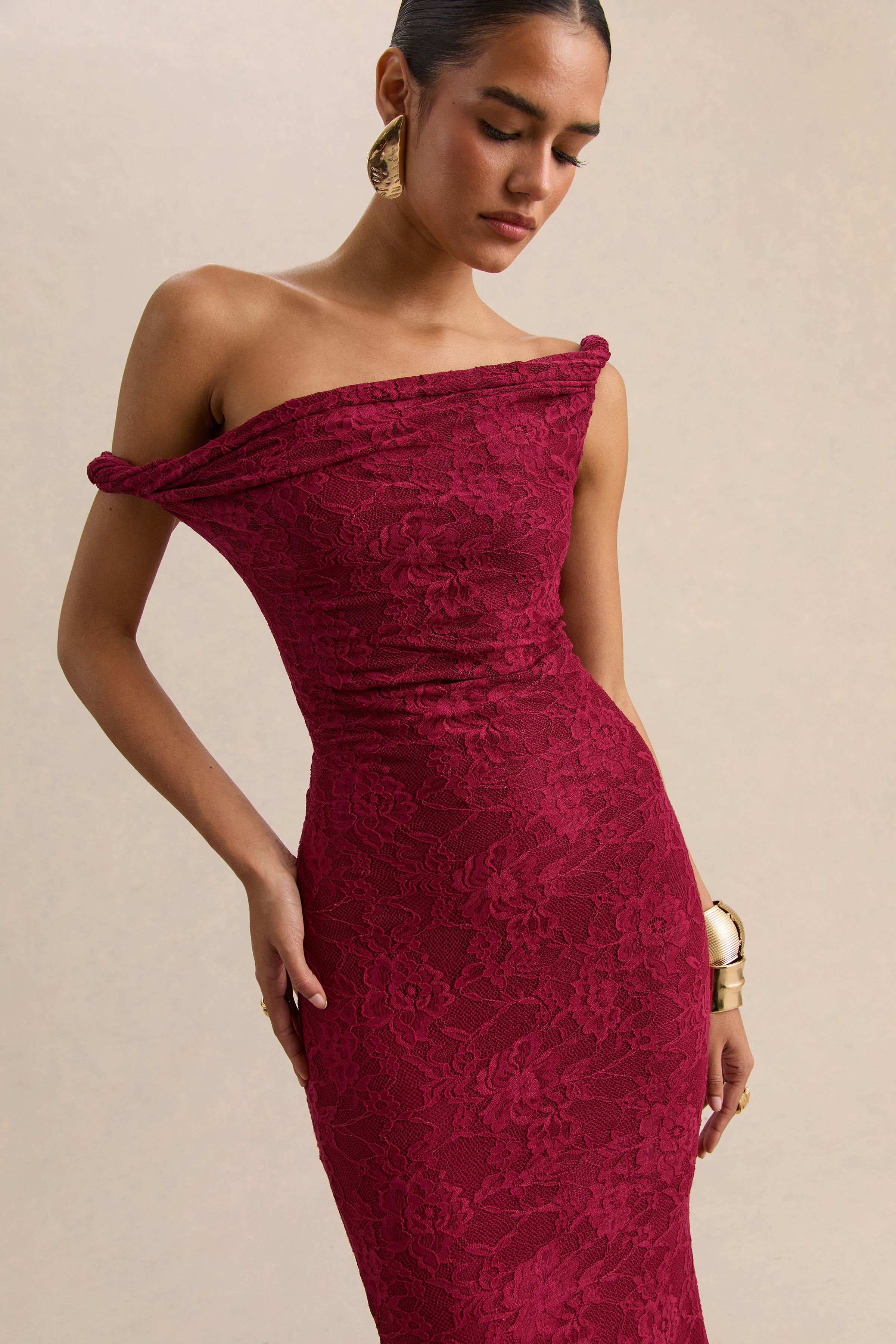 Afina | Burgundy Lace Asymmetric-Neck Maxi Dress