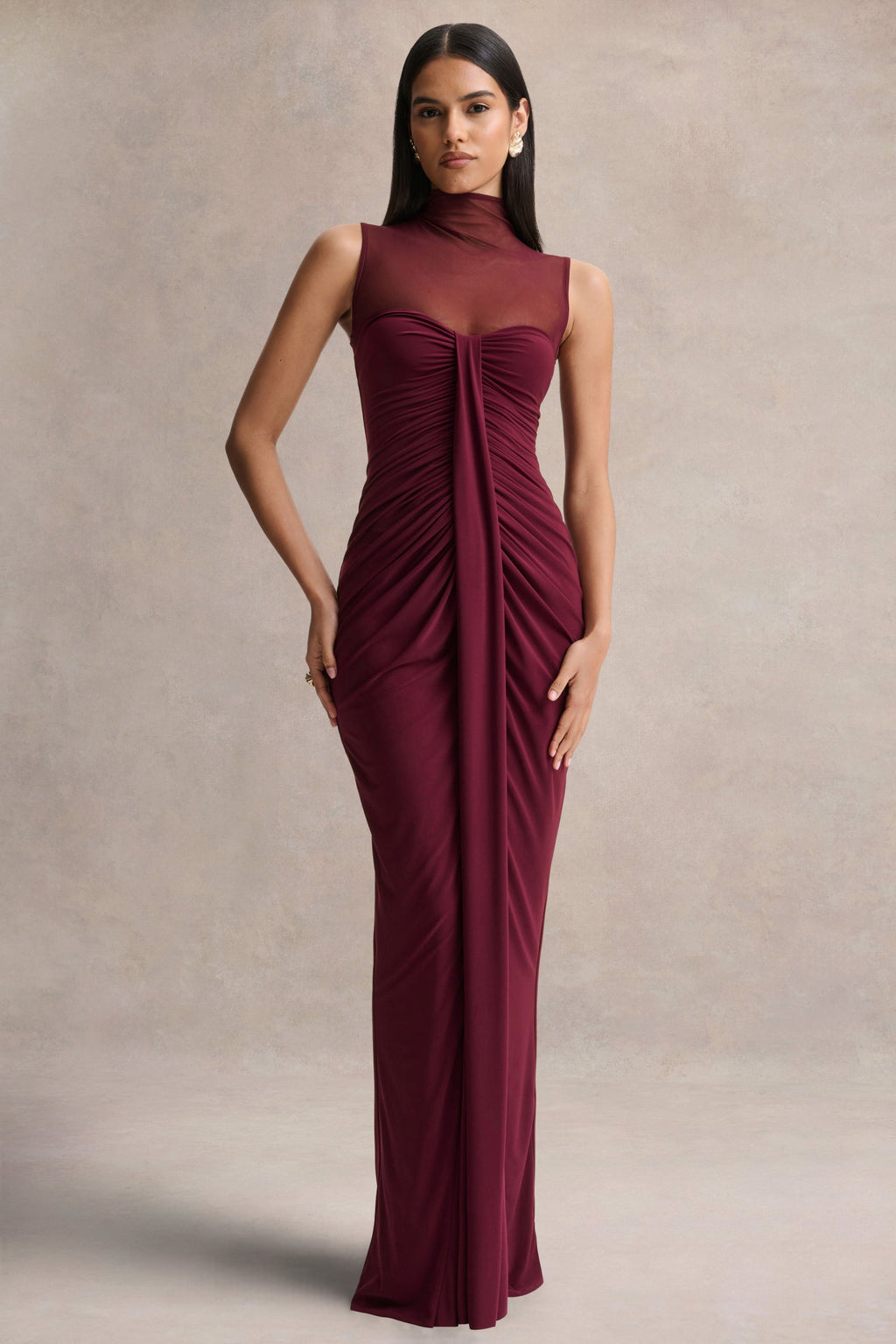 Brialle | Burgundy High-Neck Maxi Dress With Mesh And Gathered-Detailing
