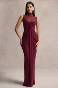 Brialle | Burgundy High-Neck Maxi Dress With Mesh And Gathered-Detailing