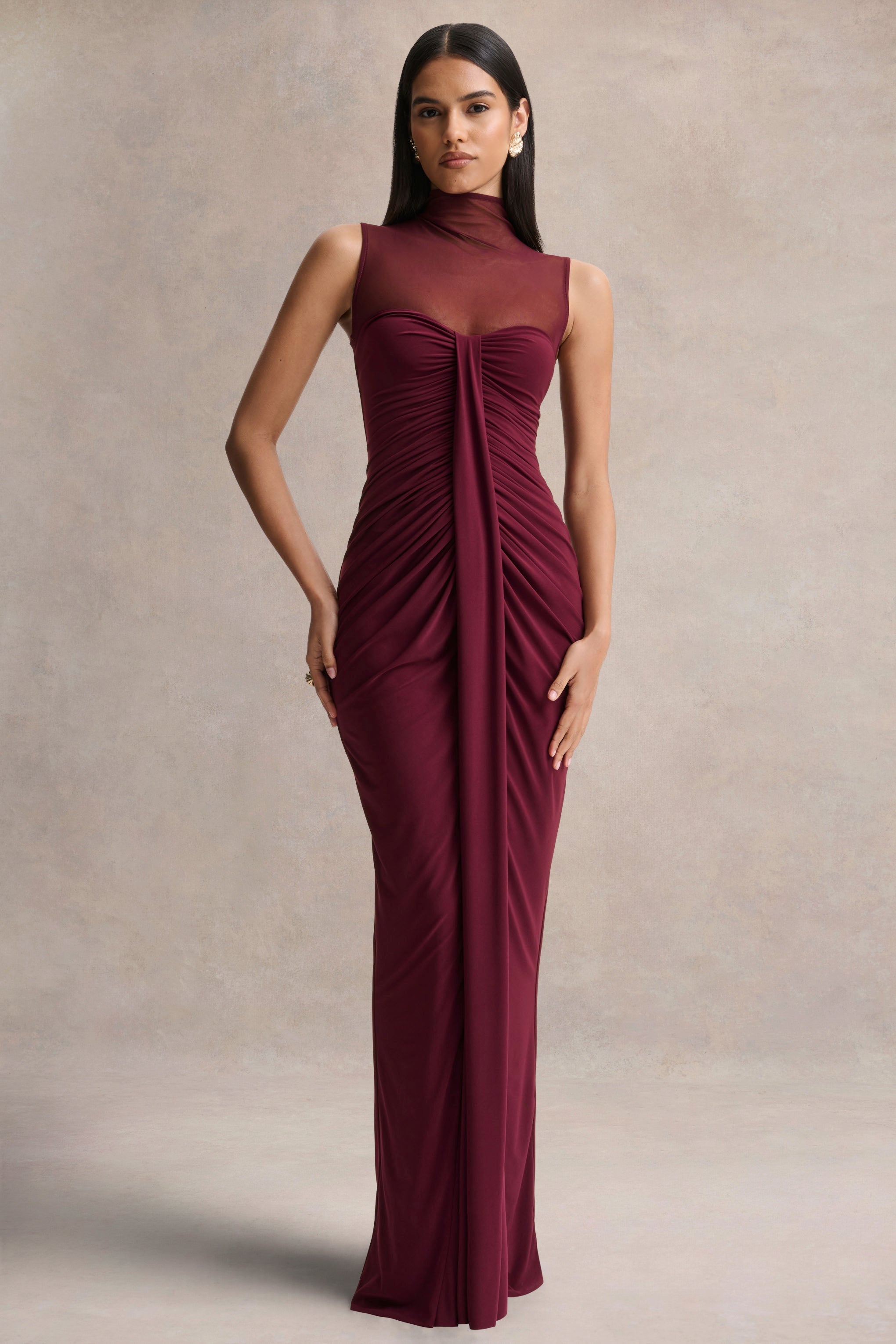Brialle | Burgundy High-Neck Maxi Dress With Mesh And Gathered-Detailing