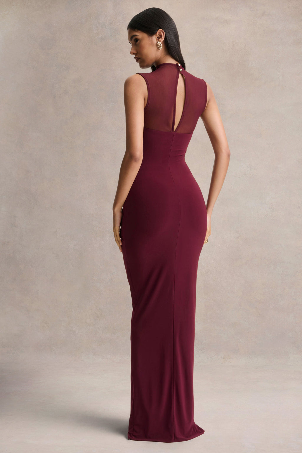 Brialle | Burgundy High-Neck Maxi Dress With Mesh And Gathered-Detailing