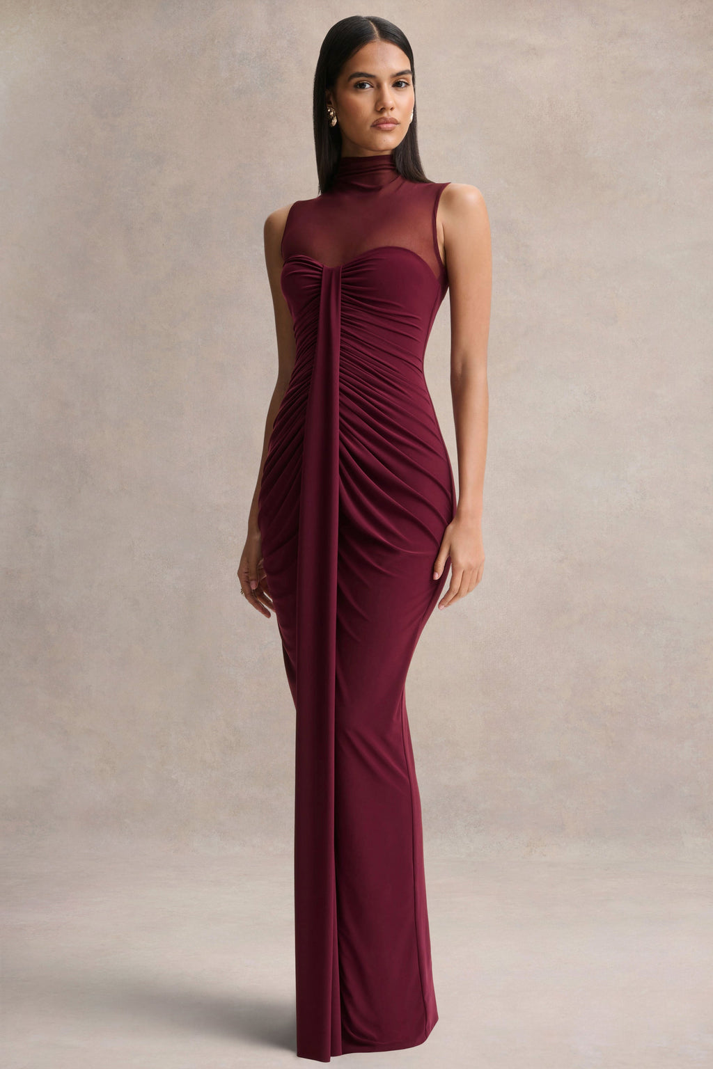 Brialle | Burgundy High-Neck Maxi Dress With Mesh And Gathered-Detailing