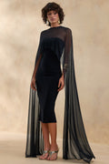 Filippa | Black Crew-Neck Midi Dress With Sheer Cape-Sleeves