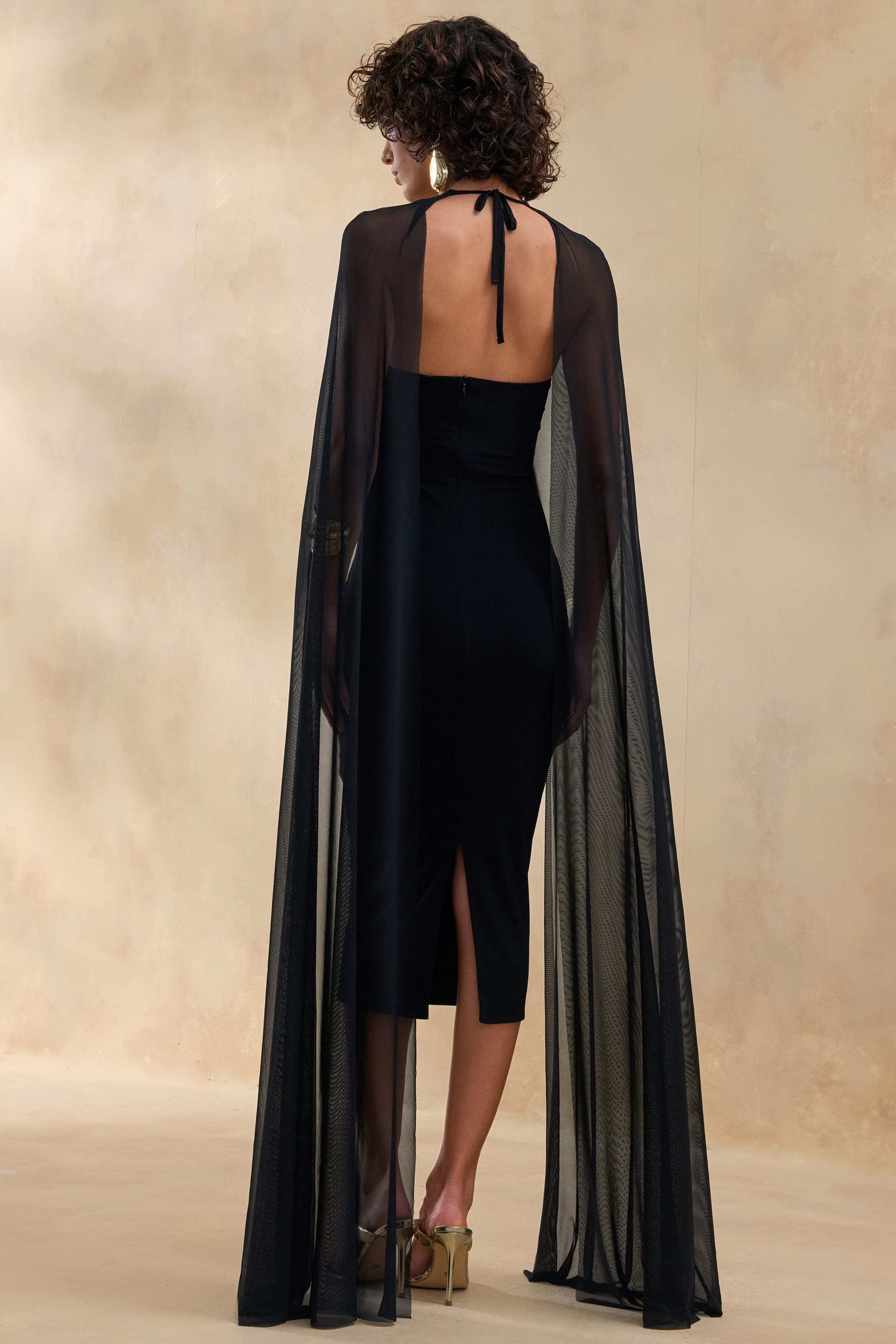 Filippa | Black Crew-Neck Midi Dress With Sheer Cape-Sleeves