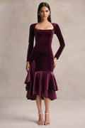 Emberlyn | Burgundy Velvet Scoop-Neck Fishtail Midi Dress