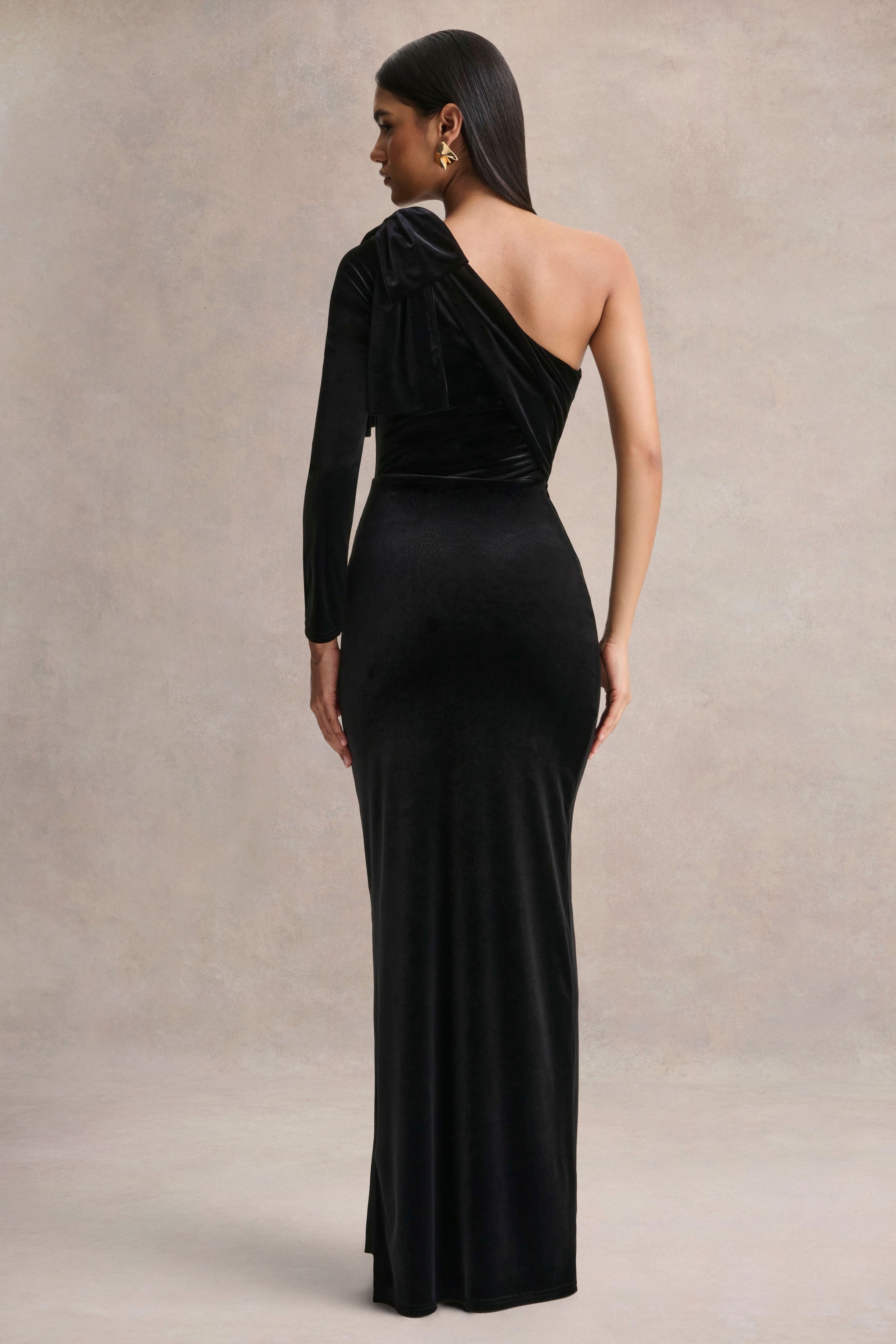 Farryn | Black Asymmetric-Neck Maxi Dress With Bow Detail