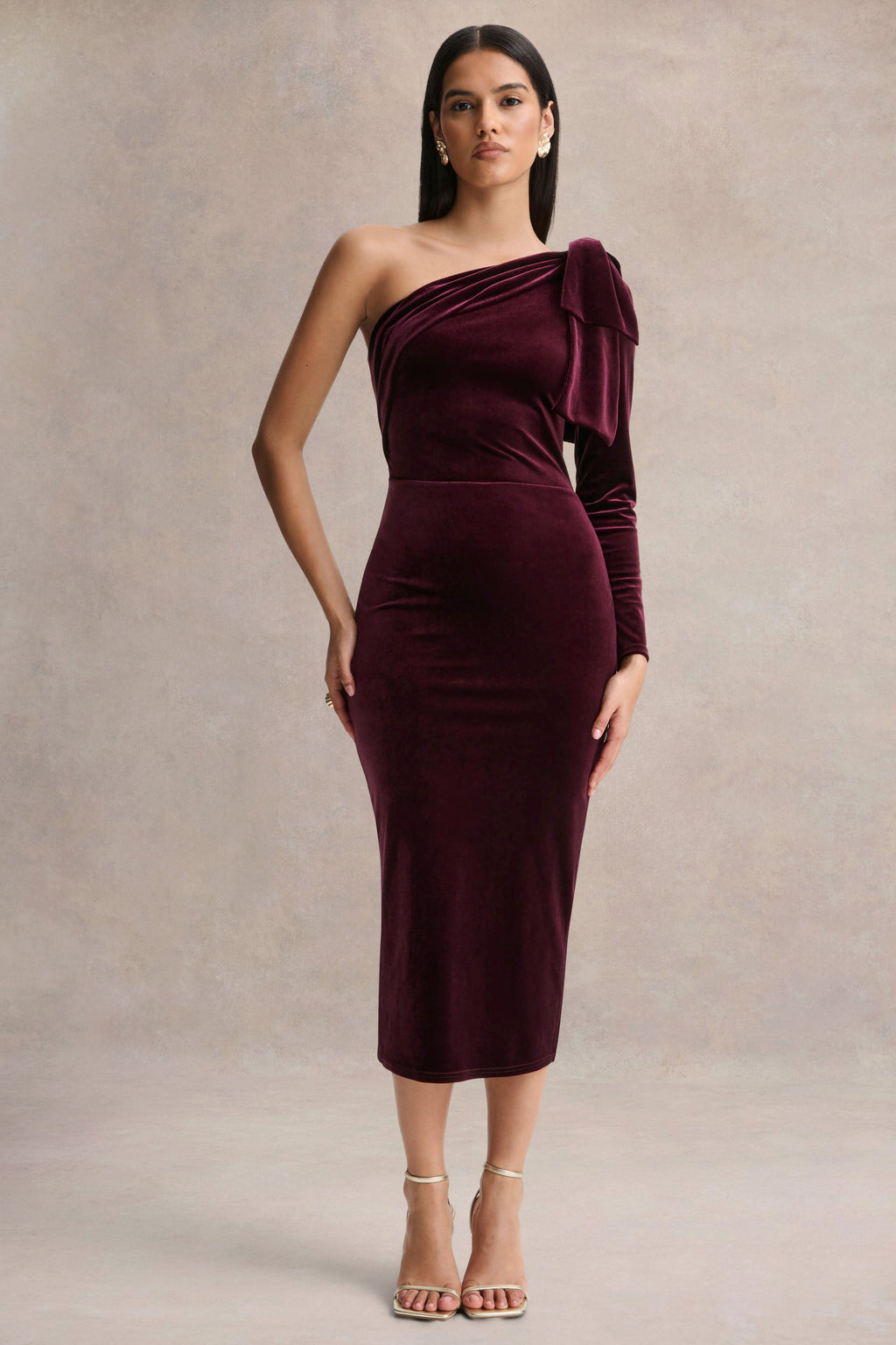 Vespera | Burgundy Velvet Asymmetric Neck Midi Dress With Bow Detail