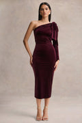 Vespera | Burgundy Velvet Asymmetric Neck Midi Dress With Bow Detail