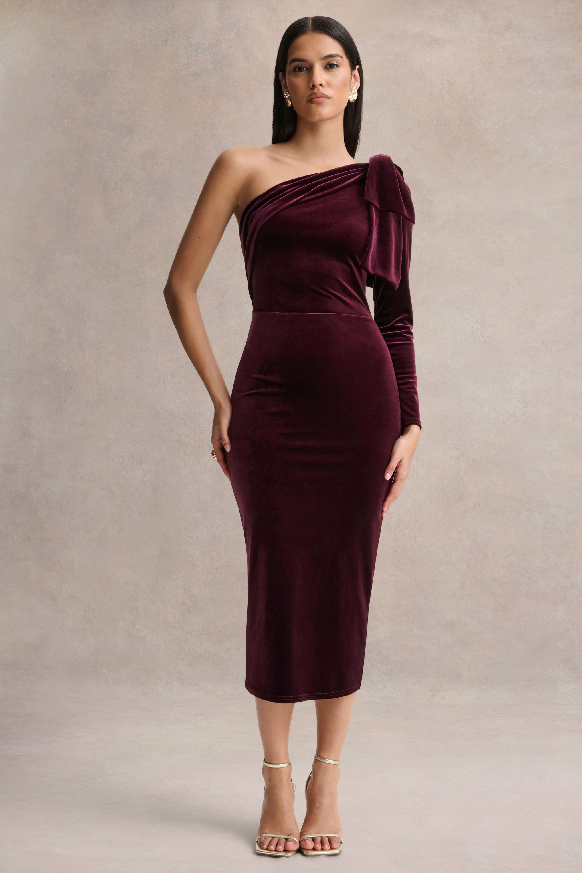 Vespera | Burgundy Velvet Asymmetric Neck Midi Dress With Bow Detail