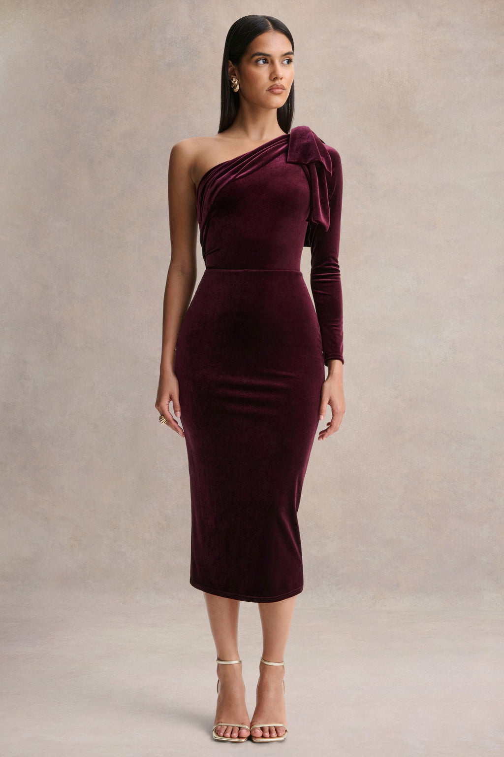 Vespera | Burgundy Velvet Asymmetric Neck Midi Dress With Bow Detail