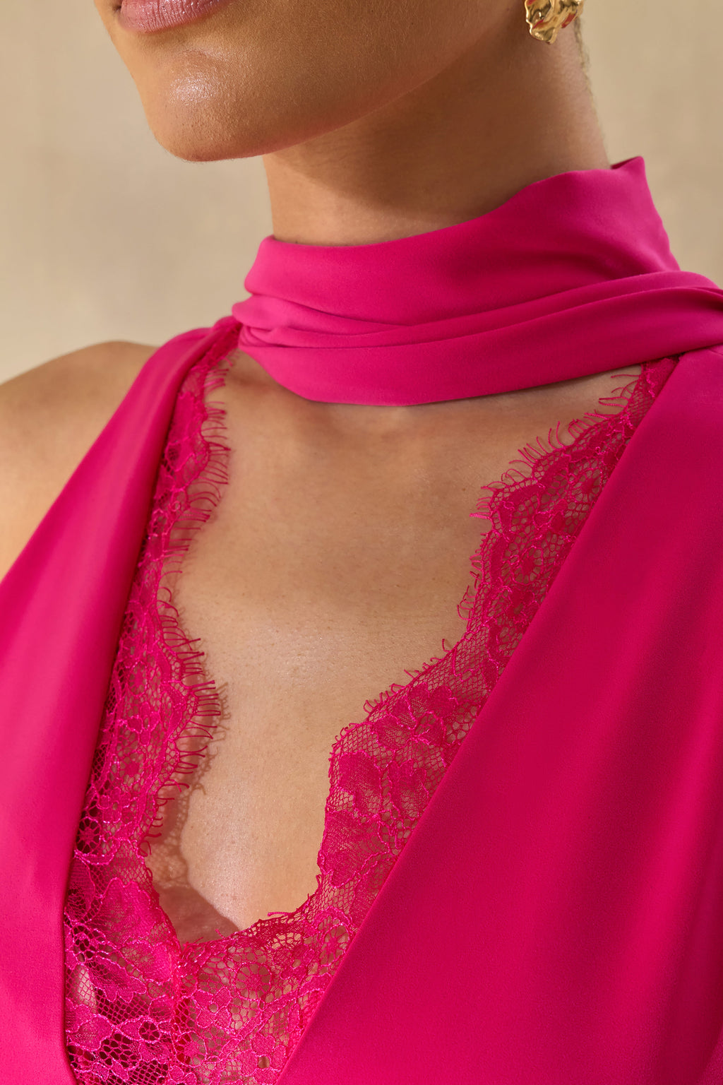 True Icon | Hot Pink Satin High-Neck Maxi Slip Dress With Sash