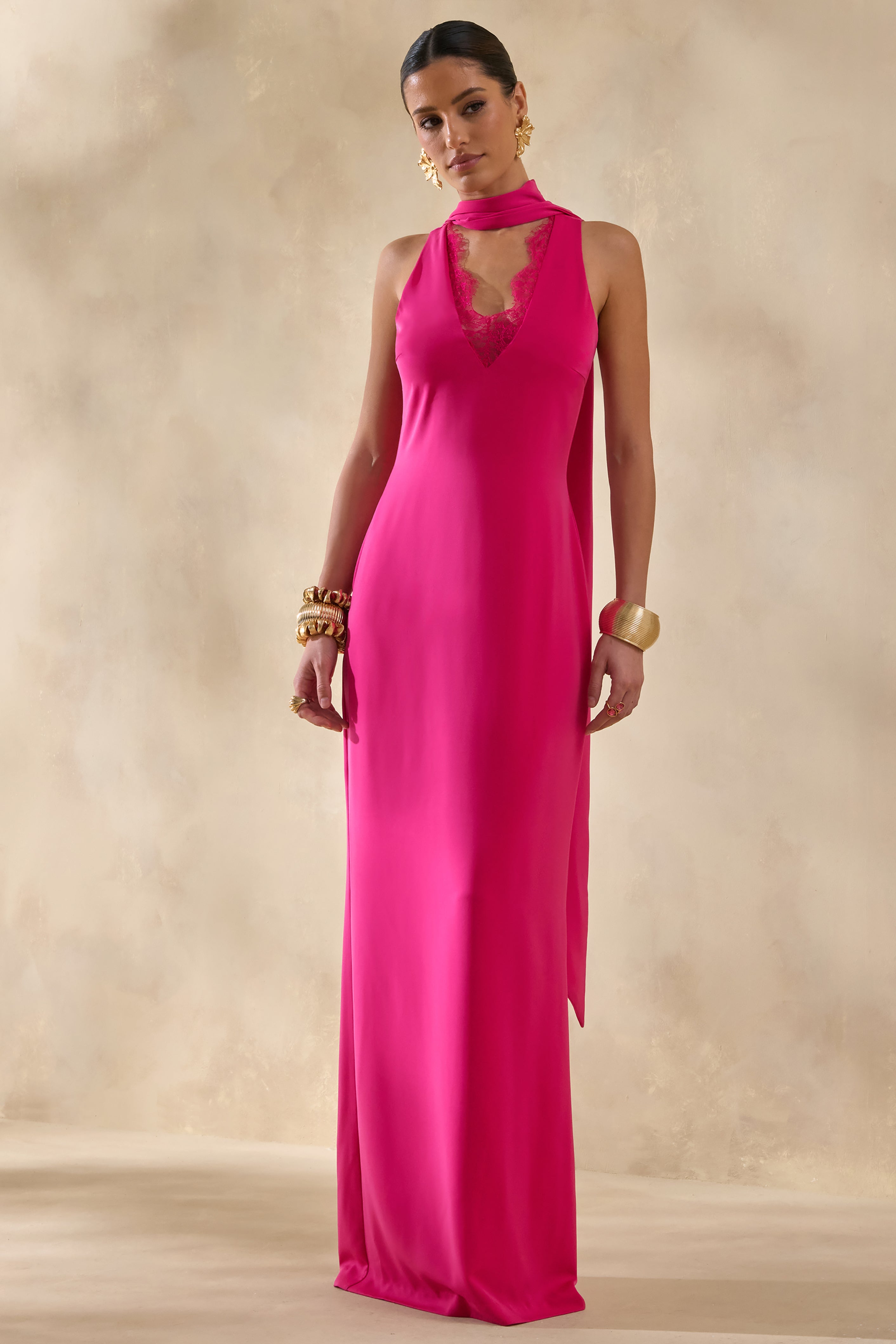 True Icon | Hot Pink Satin High-Neck Maxi Slip Dress With Sash