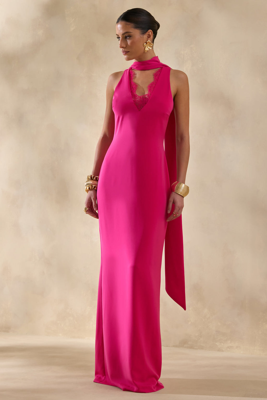 True Icon | Hot Pink Satin High-Neck Maxi Slip Dress With Sash