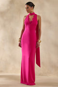 True Icon | Hot Pink Satin High-Neck Maxi Slip Dress With Sash