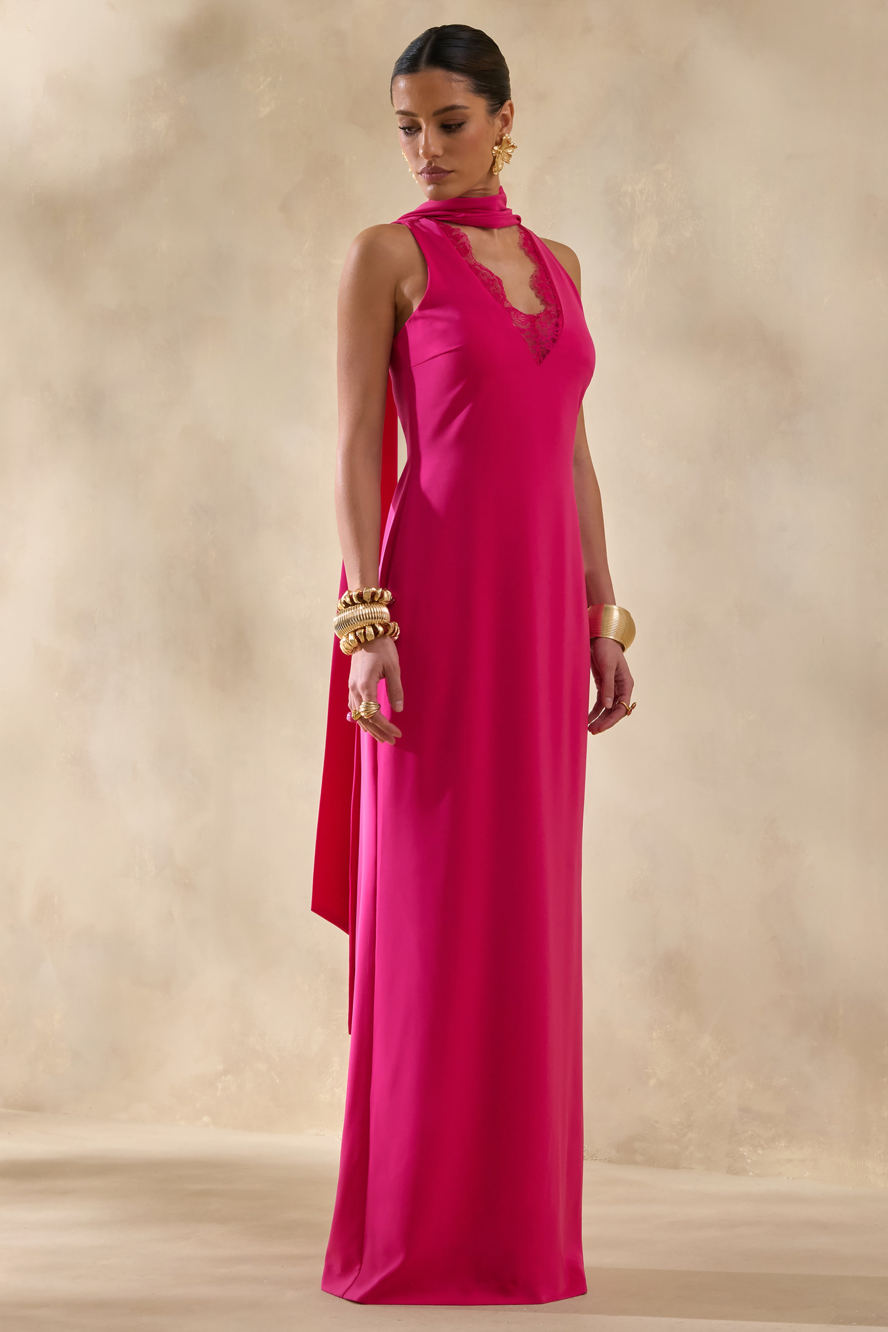 True Icon | Hot Pink Satin High-Neck Maxi Slip Dress With Sash