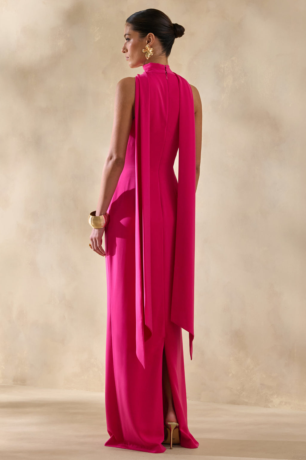 True Icon | Hot Pink Satin High-Neck Maxi Slip Dress With Sash