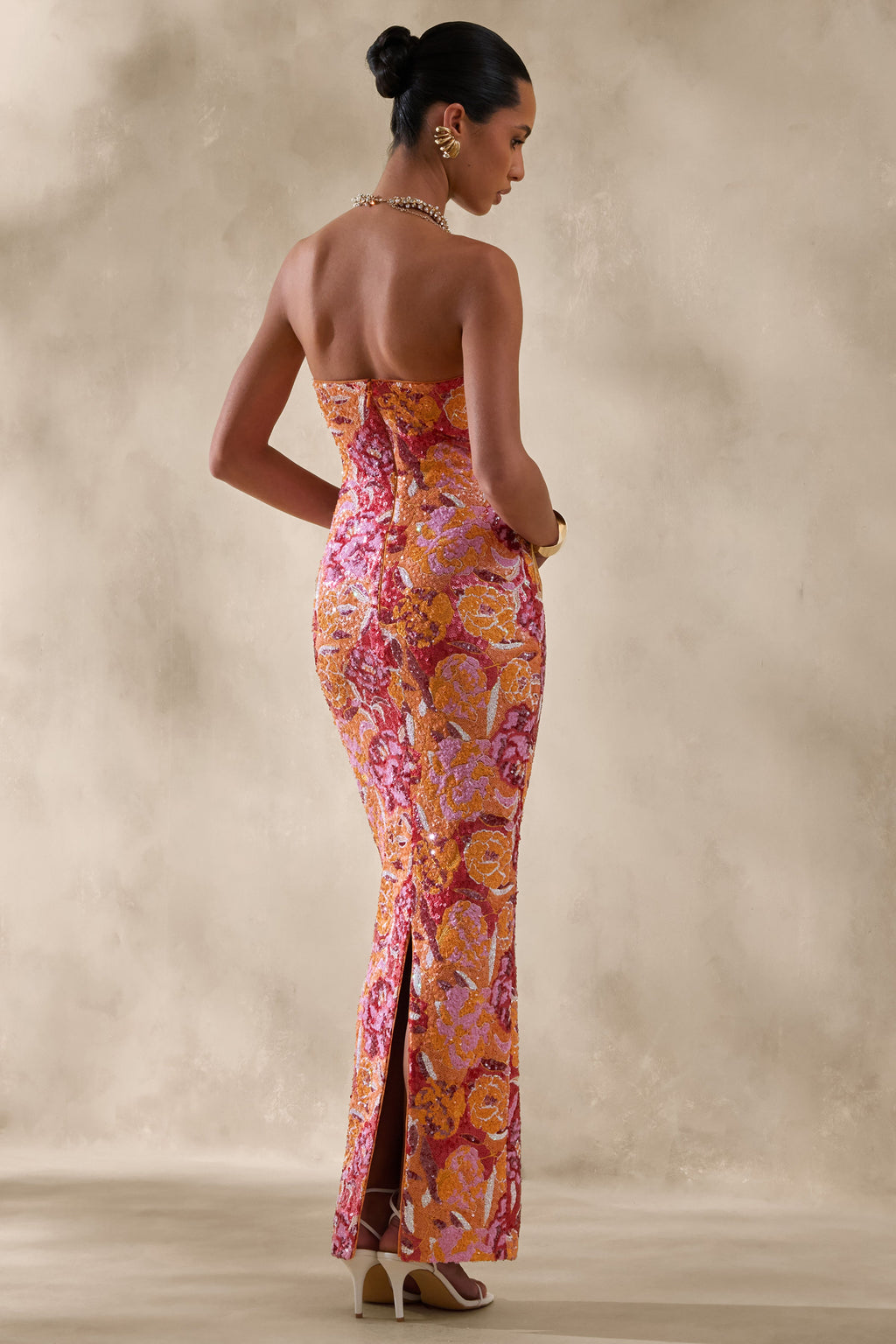 Mabel | Orange Floral Sequin Bandeau-Neck Maxi Dress