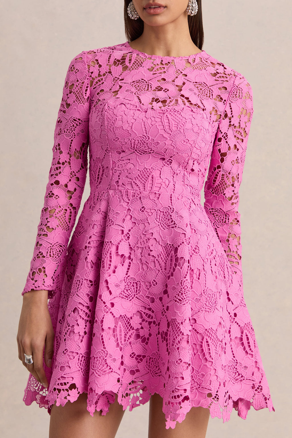 Morina | Pink Lace Crew-Neck Mini Dress