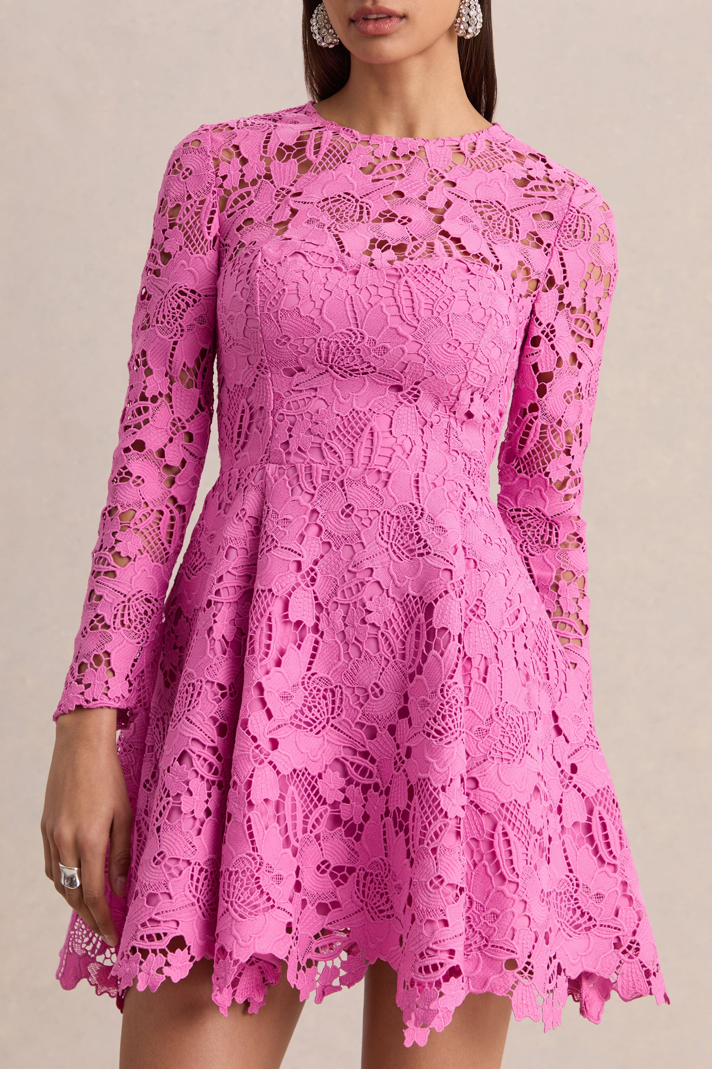 Morina | Pink Lace Crew-Neck Mini Dress