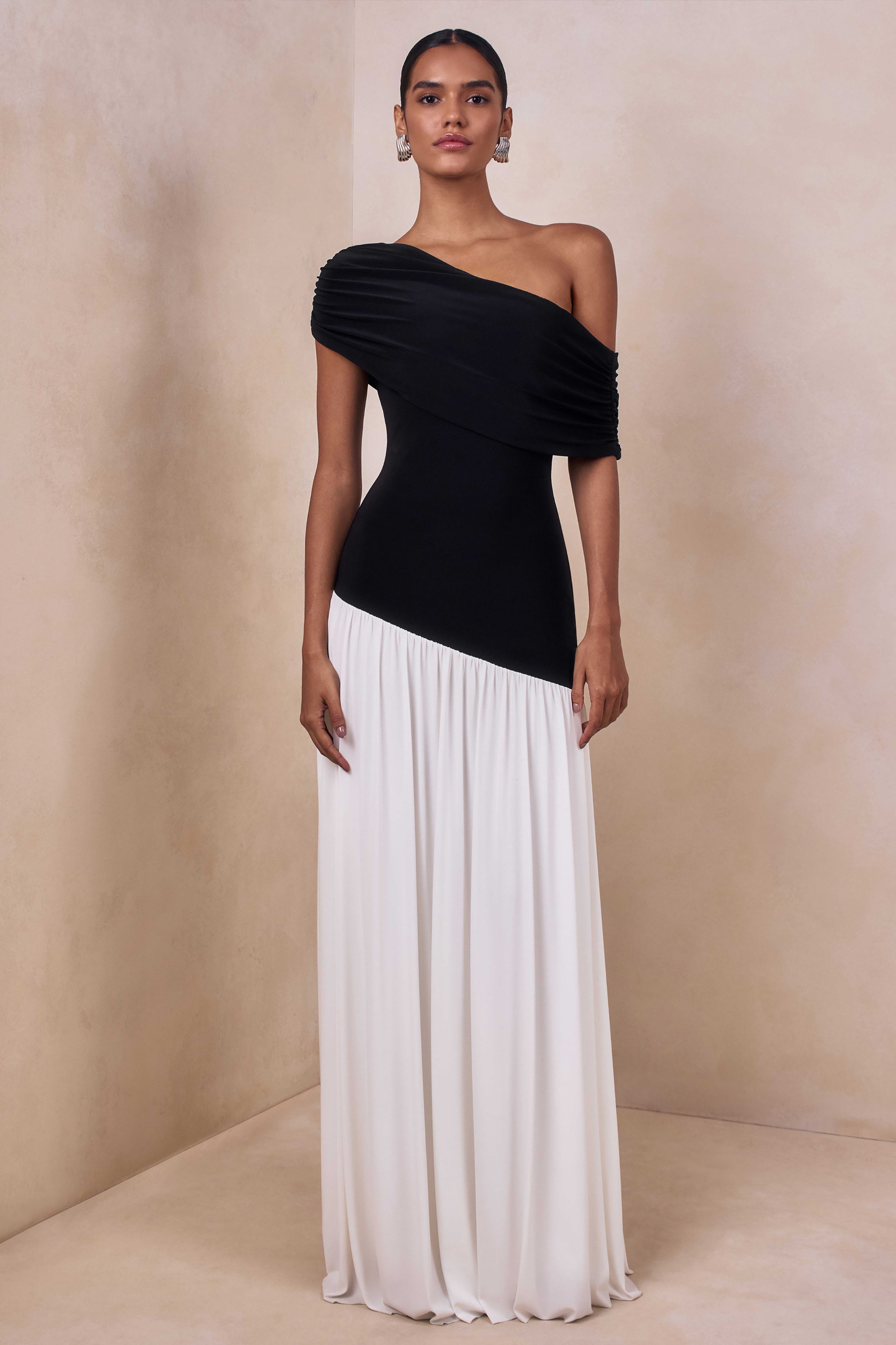 Doroyta | Black And White Asymmetric-Neck Maxi Dress