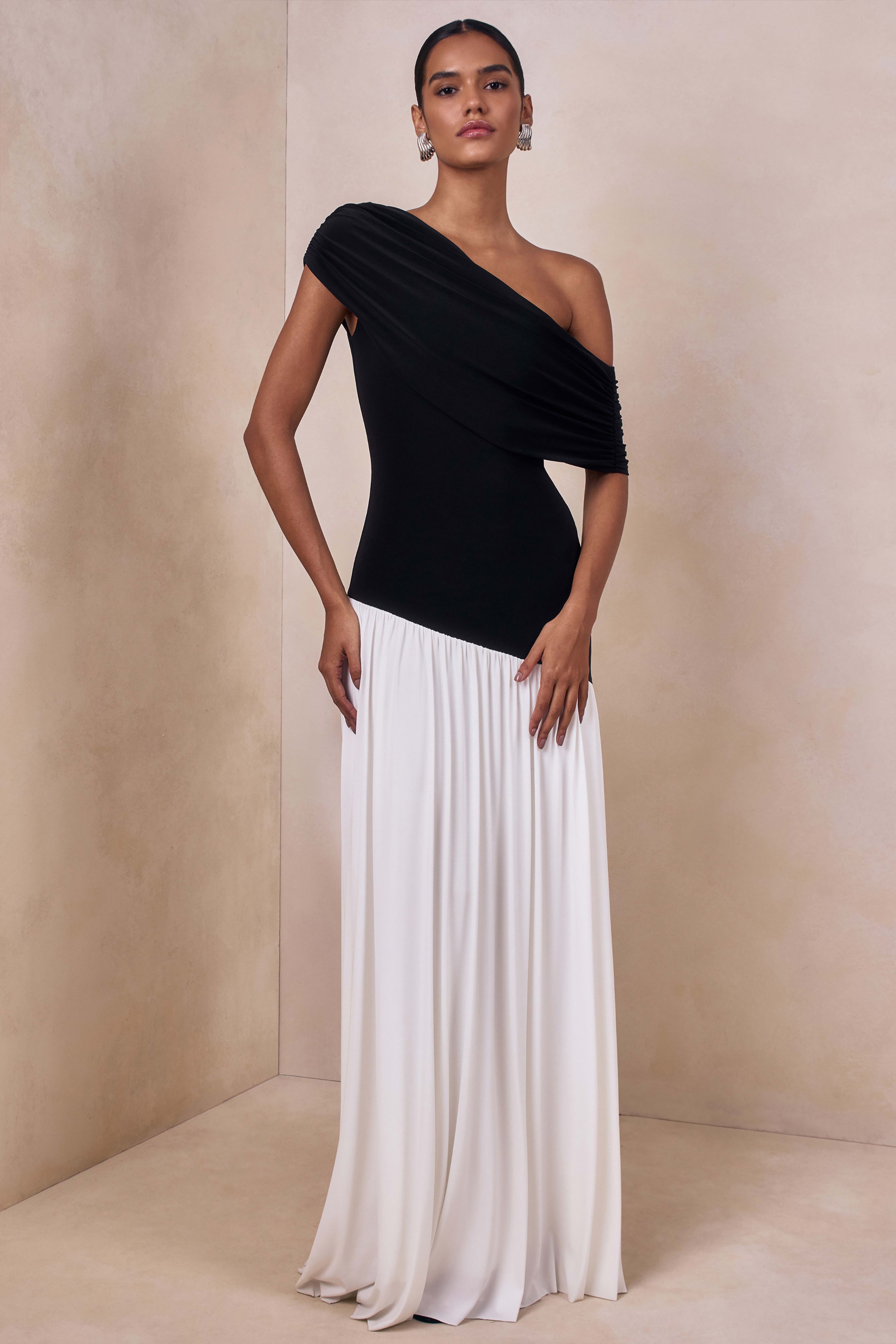 Doroyta | Black And White Asymmetric-Neck Maxi Dress