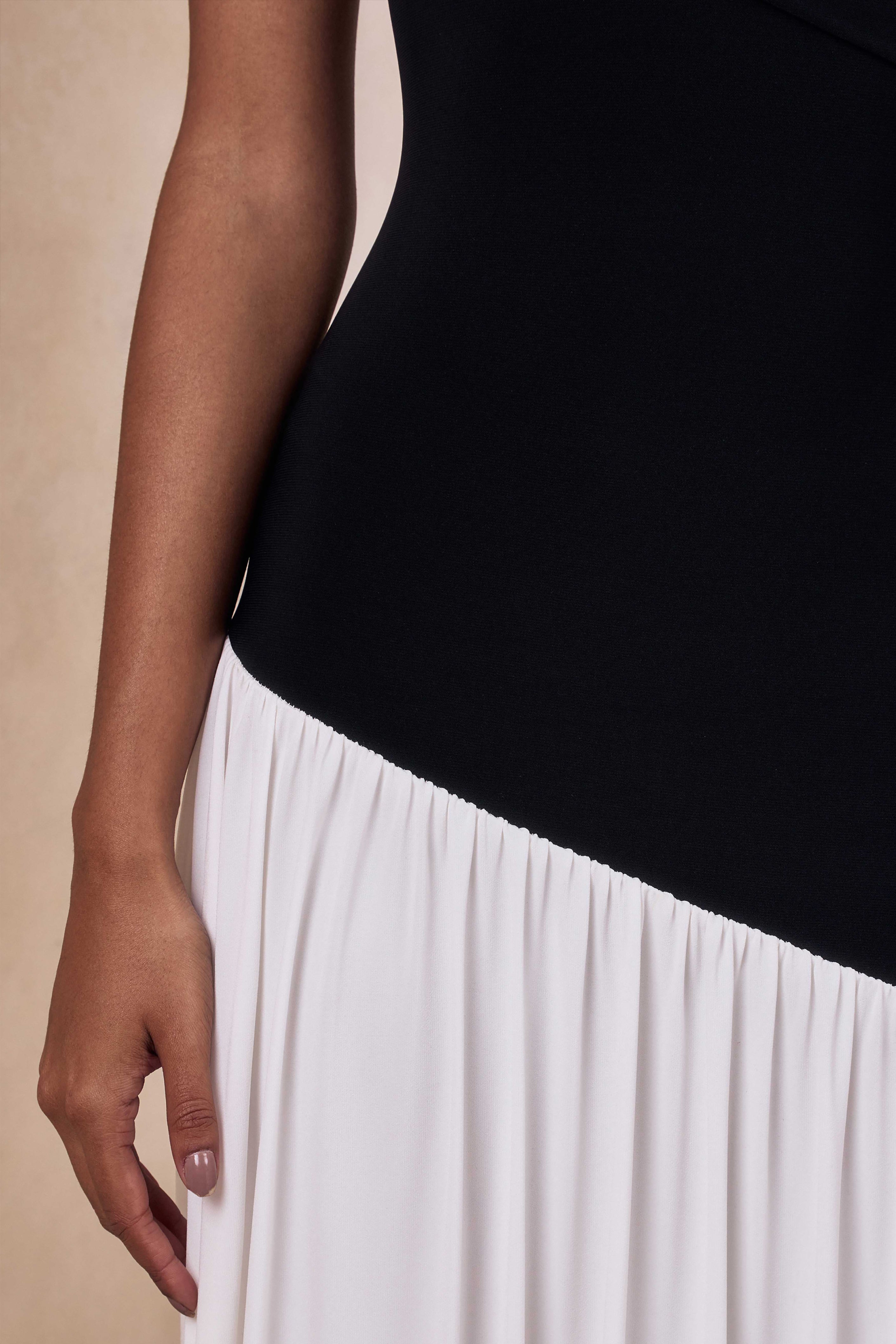 Doroyta | Black And White Asymmetric-Neck Maxi Dress