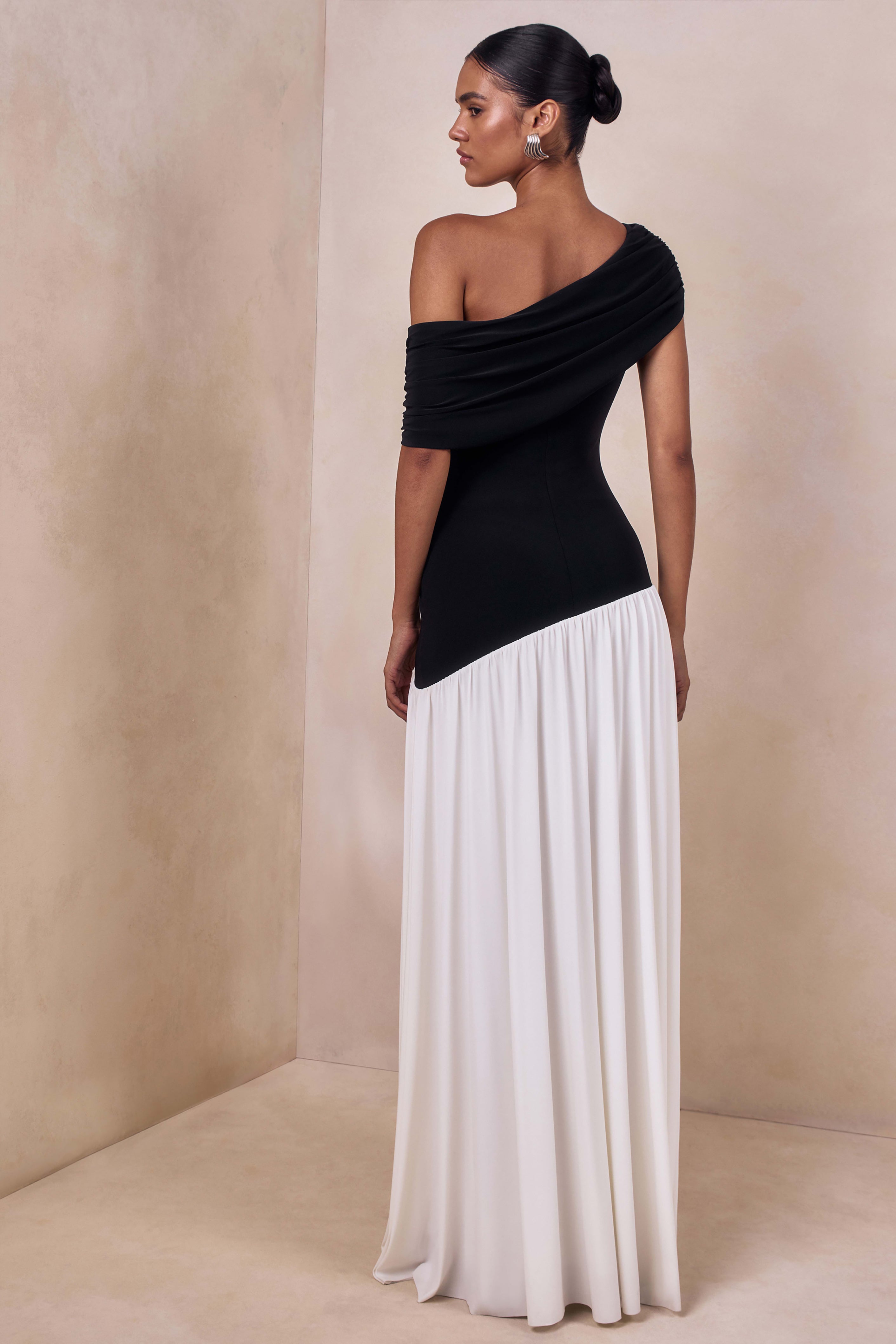 Doroyta | Black And White Asymmetric-Neck Maxi Dress