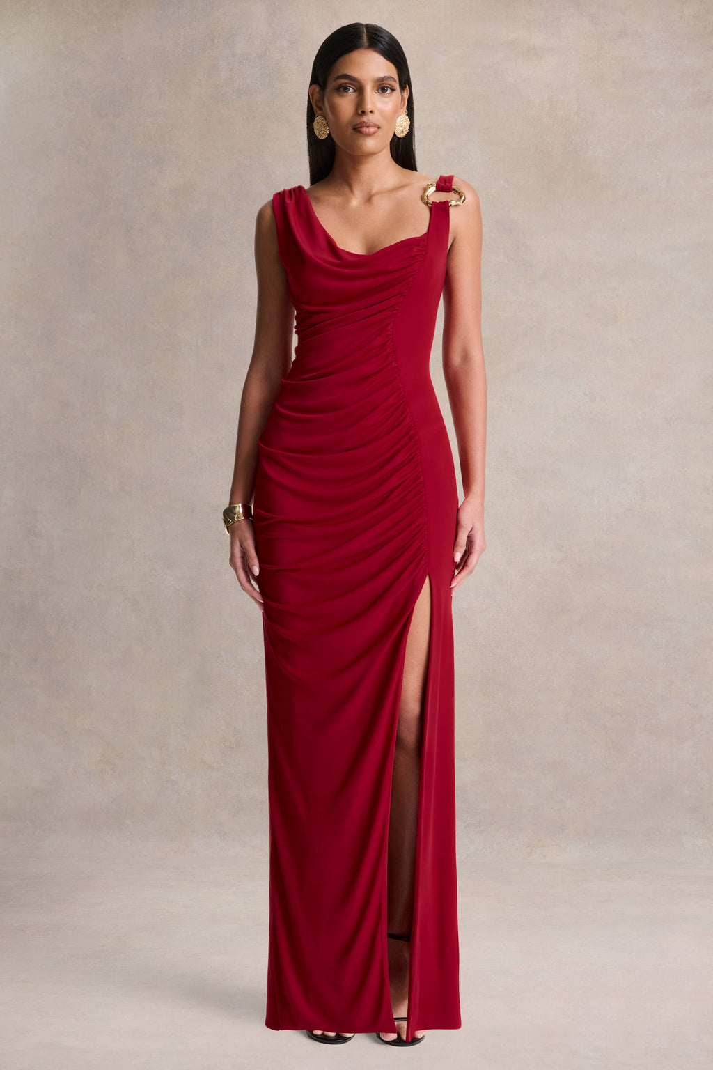 Vesperelle | Red Scoop-Neck Maxi Dress With Gathered-Detailing