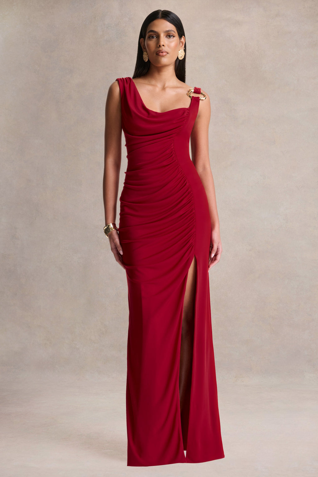 Vesperelle | Red Scoop-Neck Maxi Dress With Gathered-Detailing