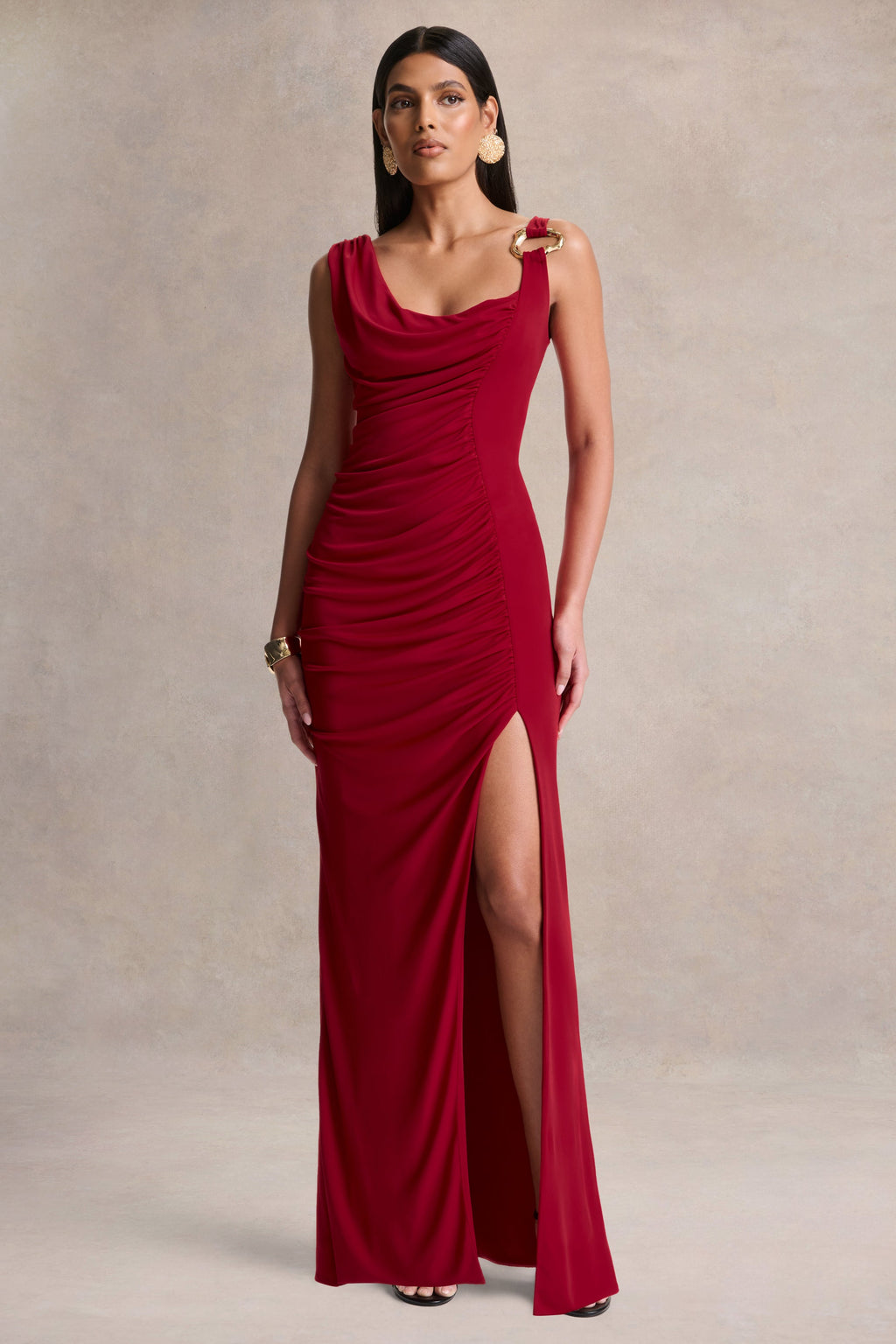 Vesperelle | Red Scoop-Neck Maxi Dress With Gathered-Detailing