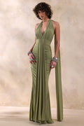 Roselani | Olive Halter-Neck Maxi Dress With Open-Back