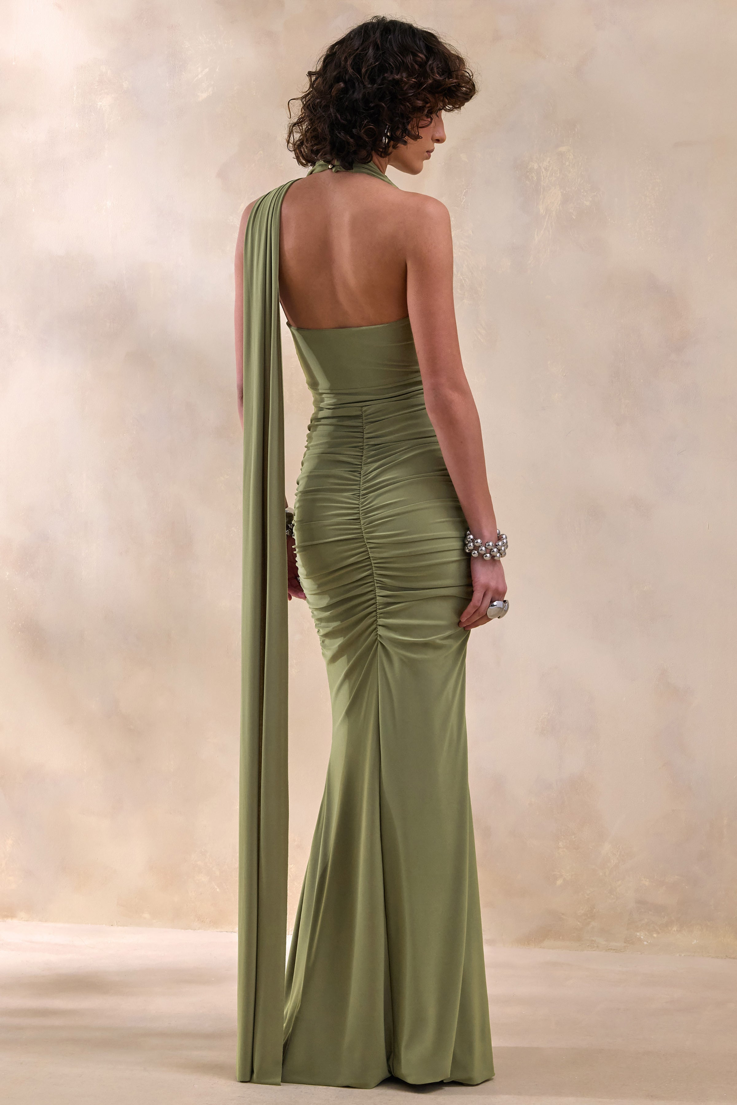 Roselani | Olive Halter-Neck Maxi Dress With Open-Back
