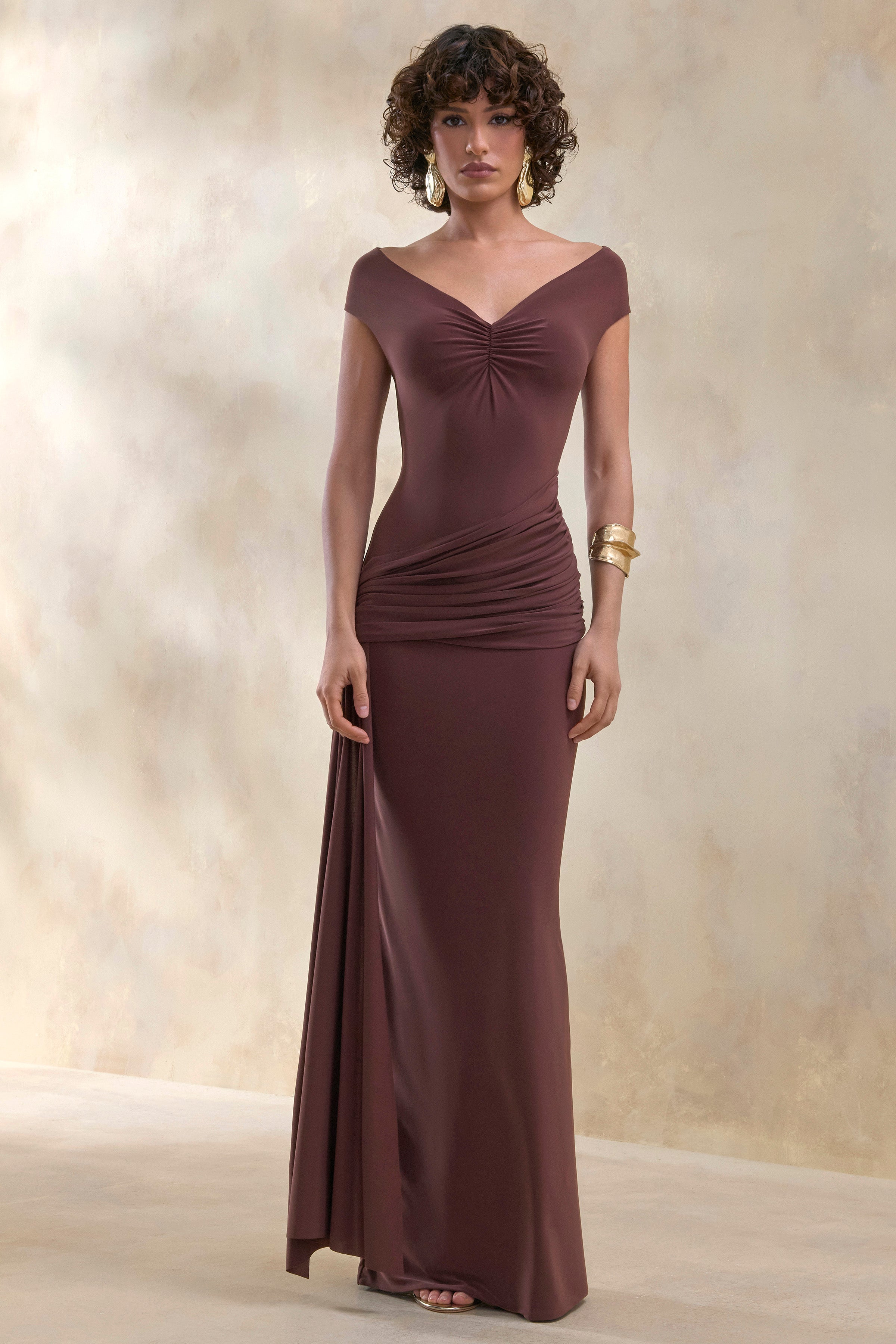 Petronia | Brown V-Neck Maxi Dress With Wrap-Detail