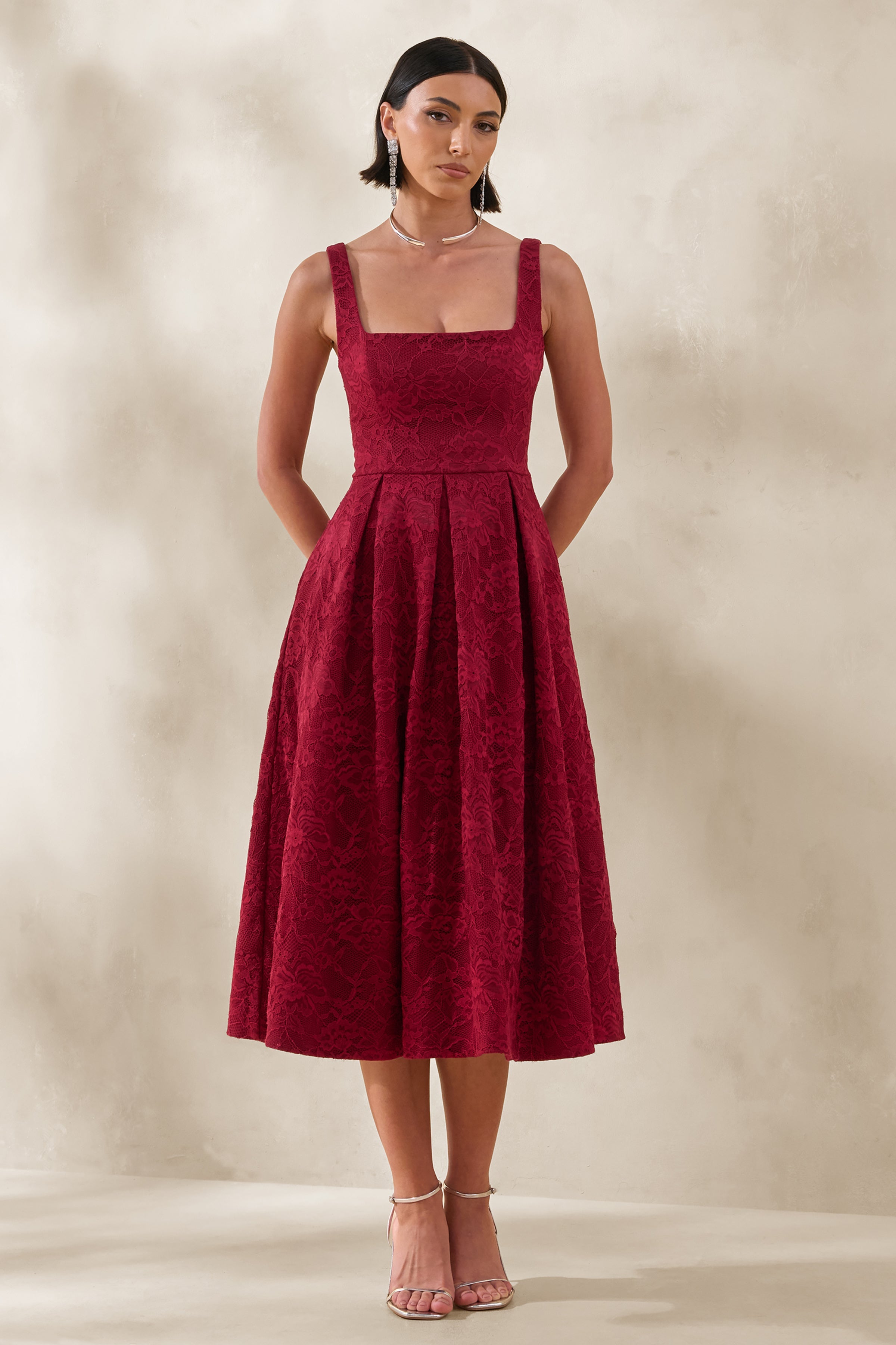 Ashmara | Burgundy Lace Square-Neck Midi Dress