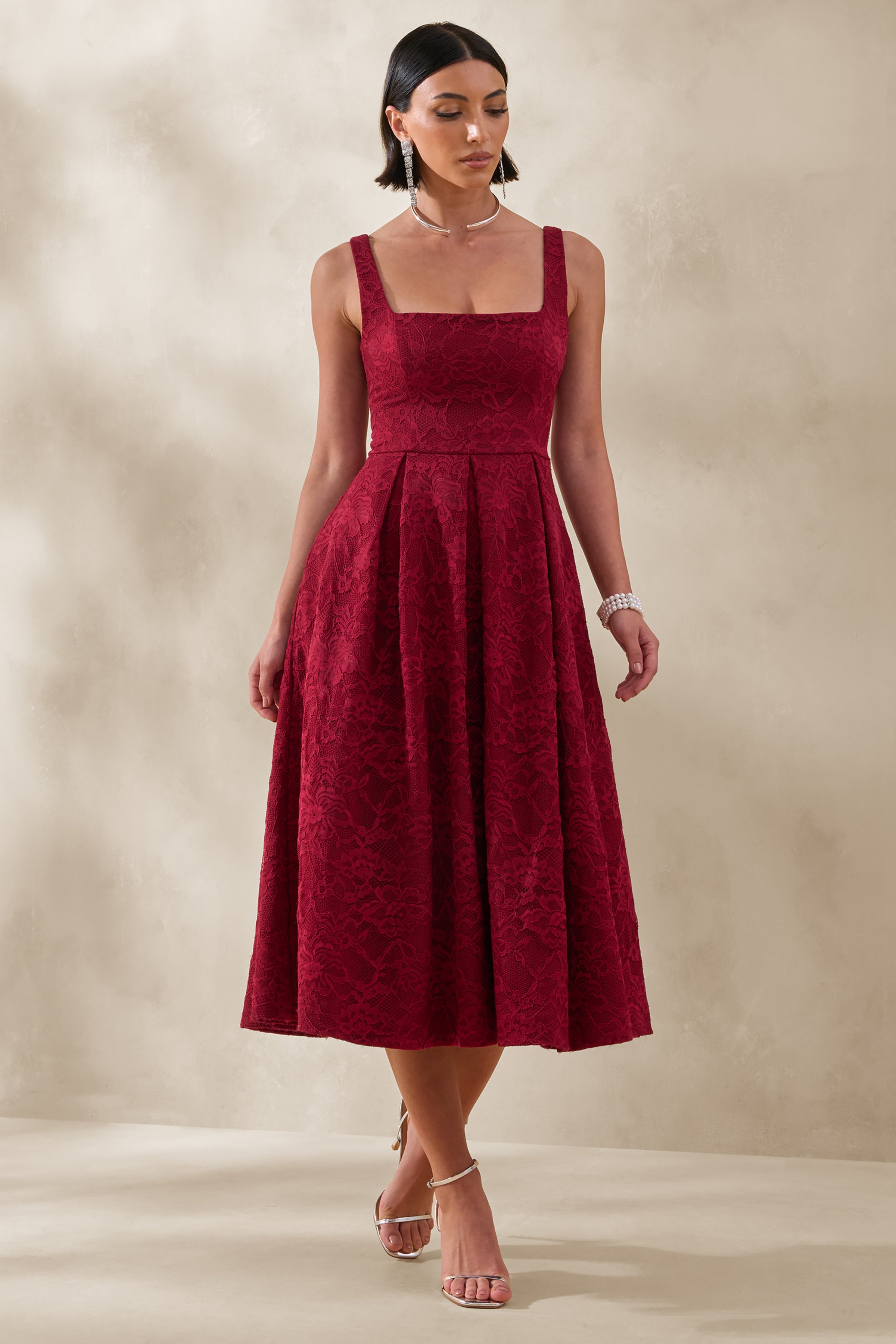Ashmara | Burgundy Lace Square-Neck Midi Dress