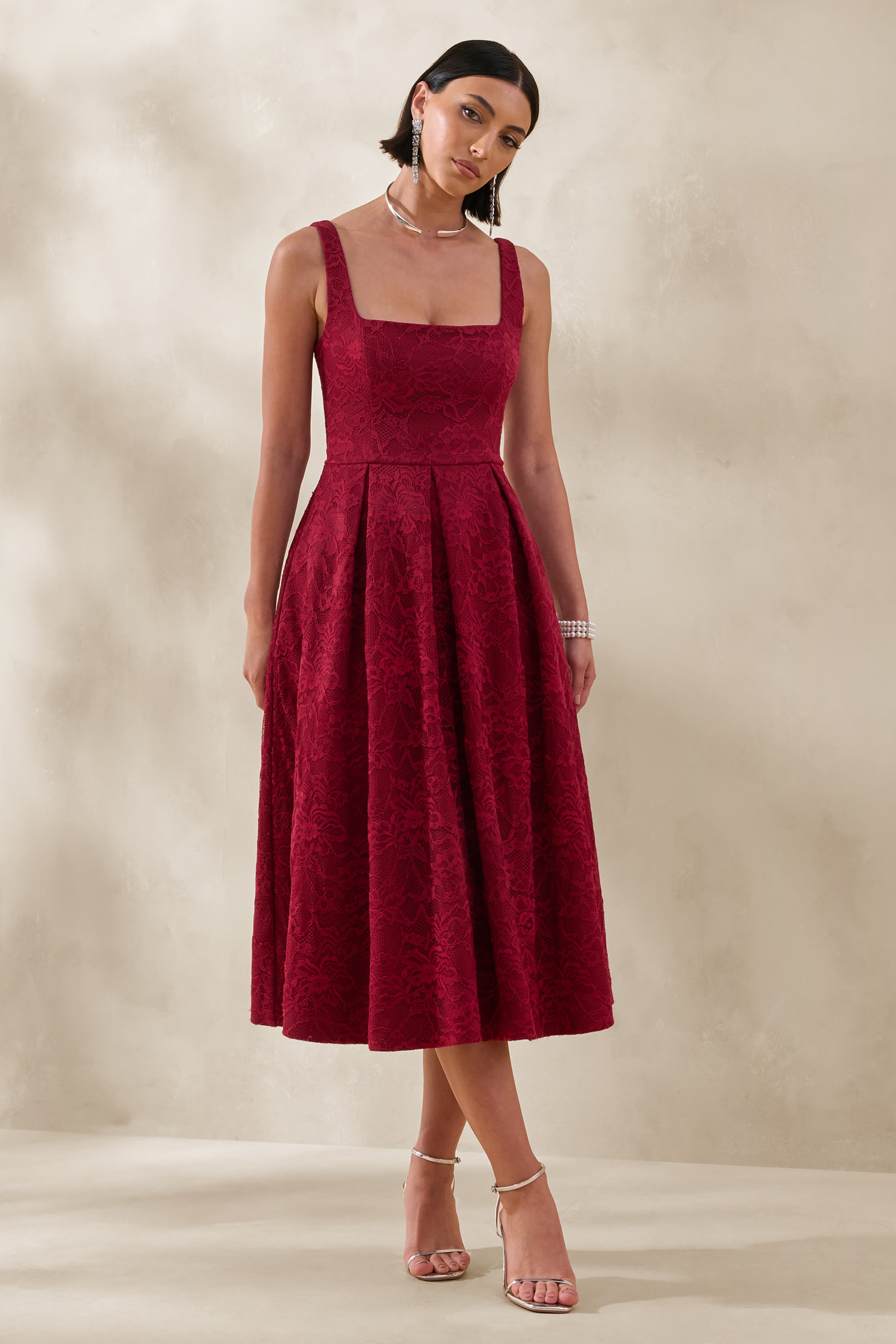 Ashmara | Burgundy Lace Square-Neck Midi Dress