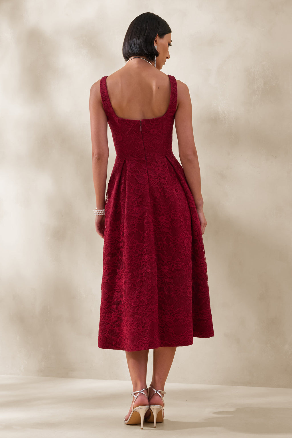 Ashmara | Burgundy Lace Square-Neck Midi Dress