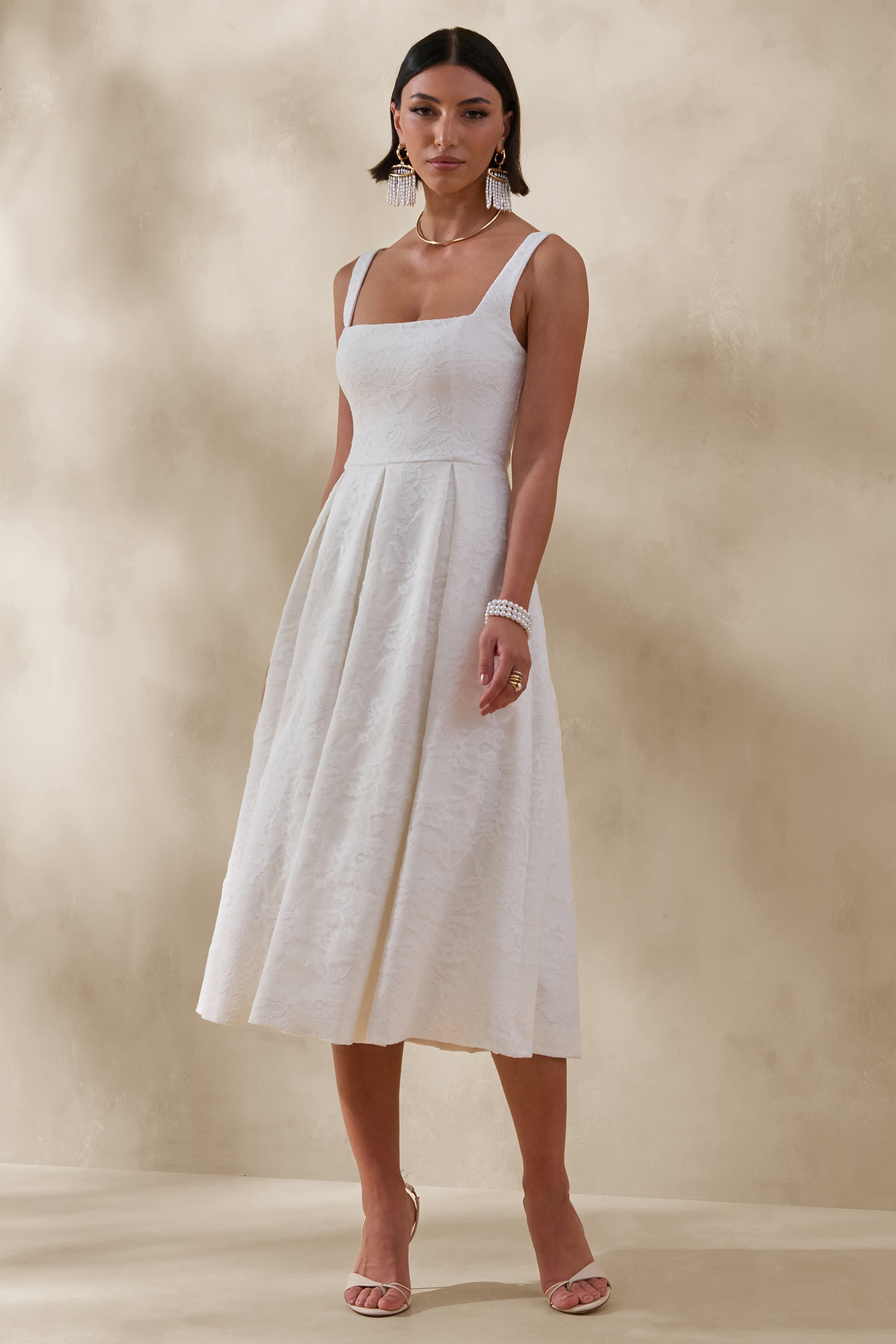 Ashmara | White Lace Square-Neck Midi Dress