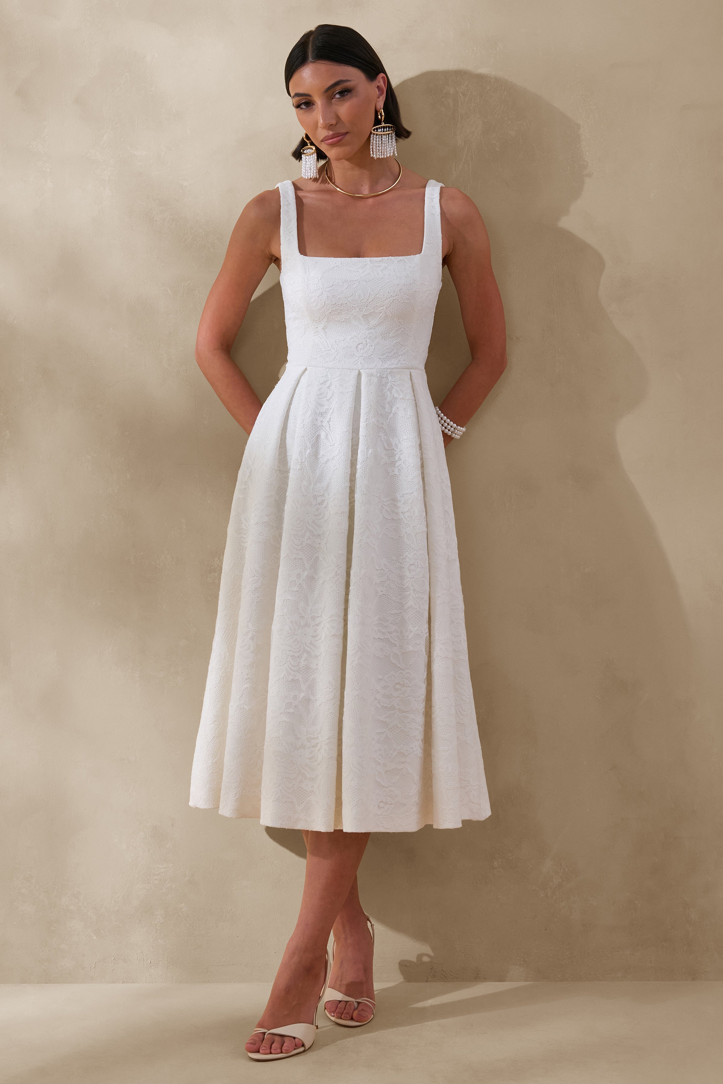 Ashmara | White Lace Square-Neck Midi Dress