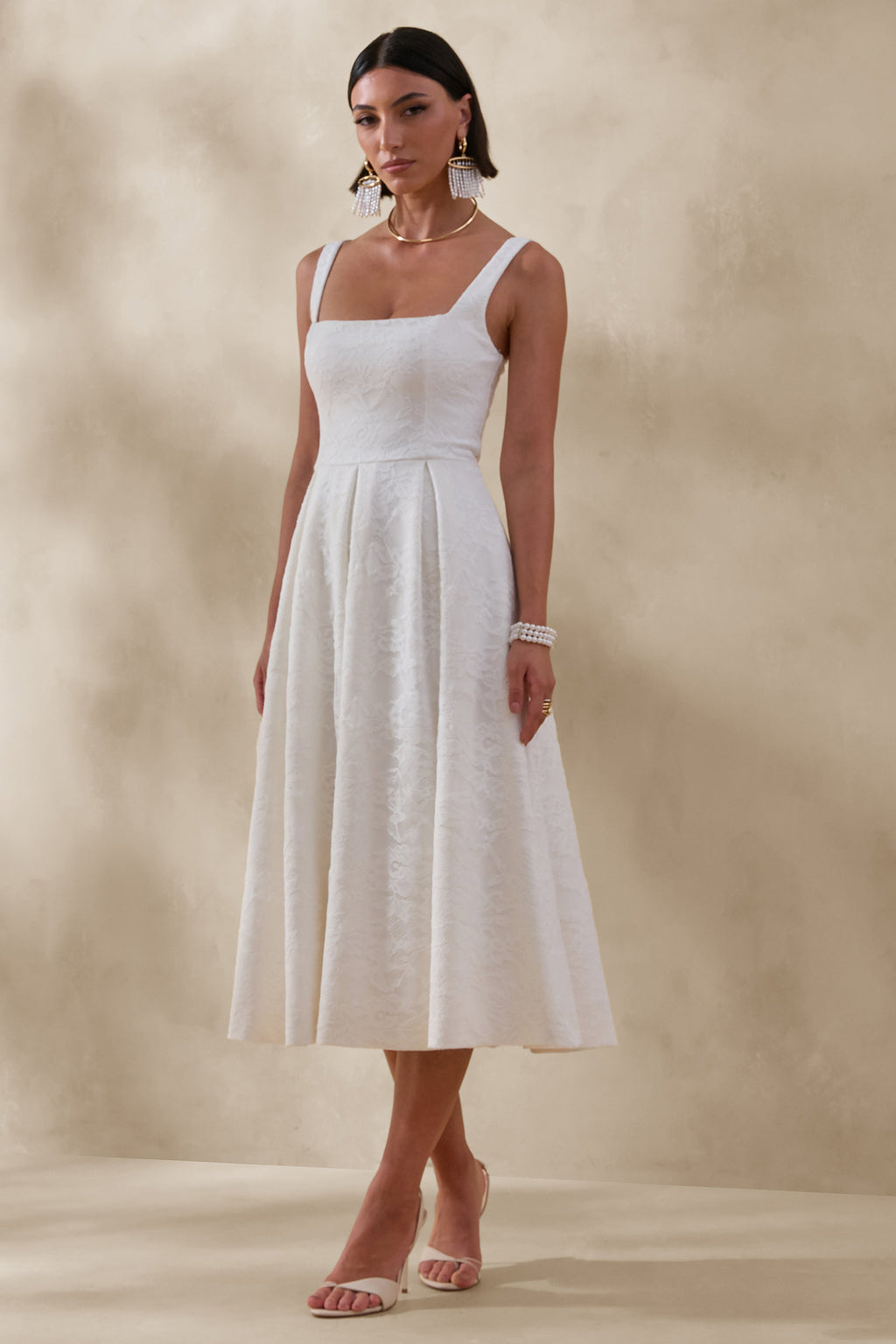 Ashmara | White Lace Square-Neck Midi Dress