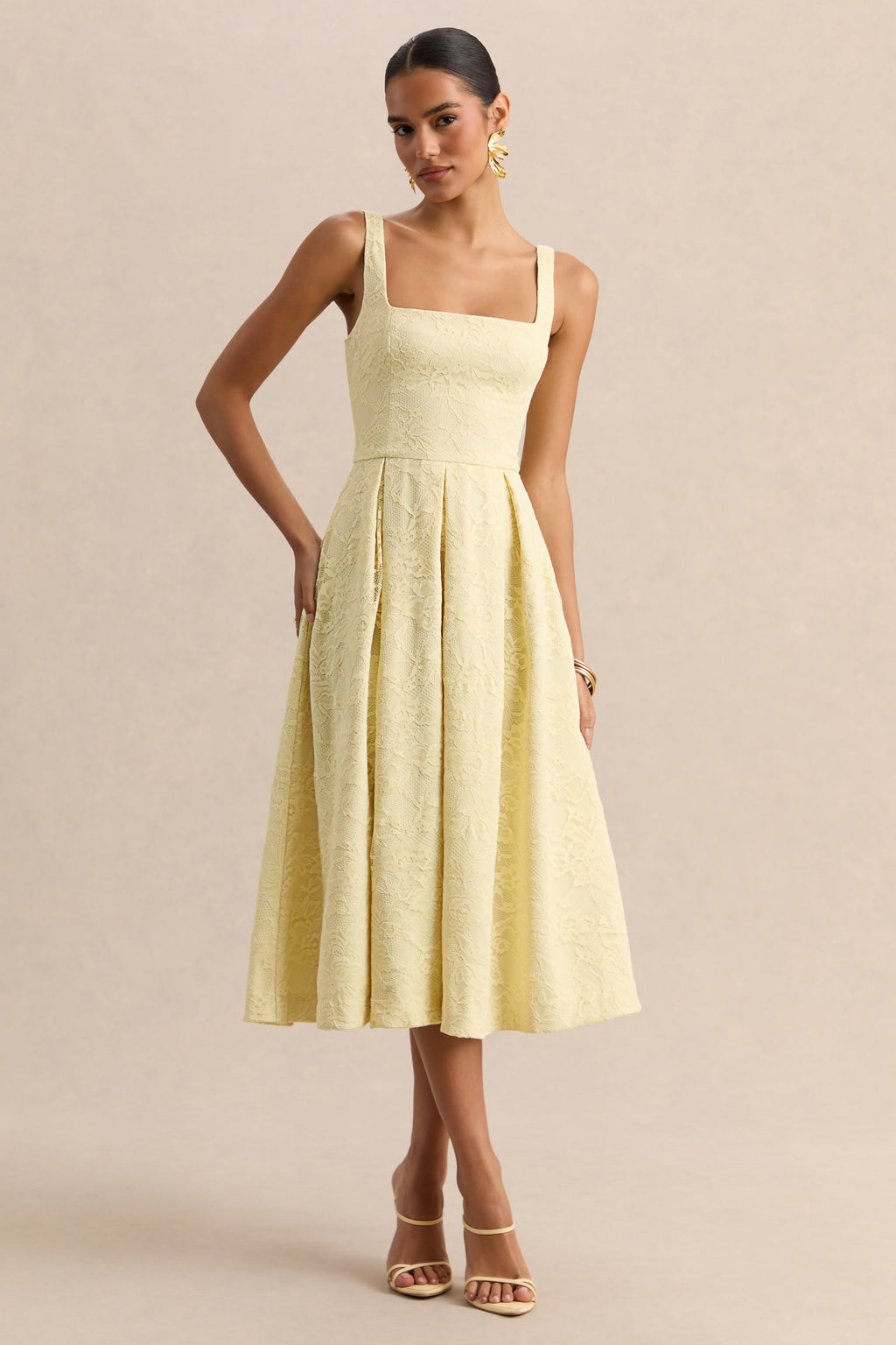 Ashmara | Lemon Lace Square-Neck Midi Dress