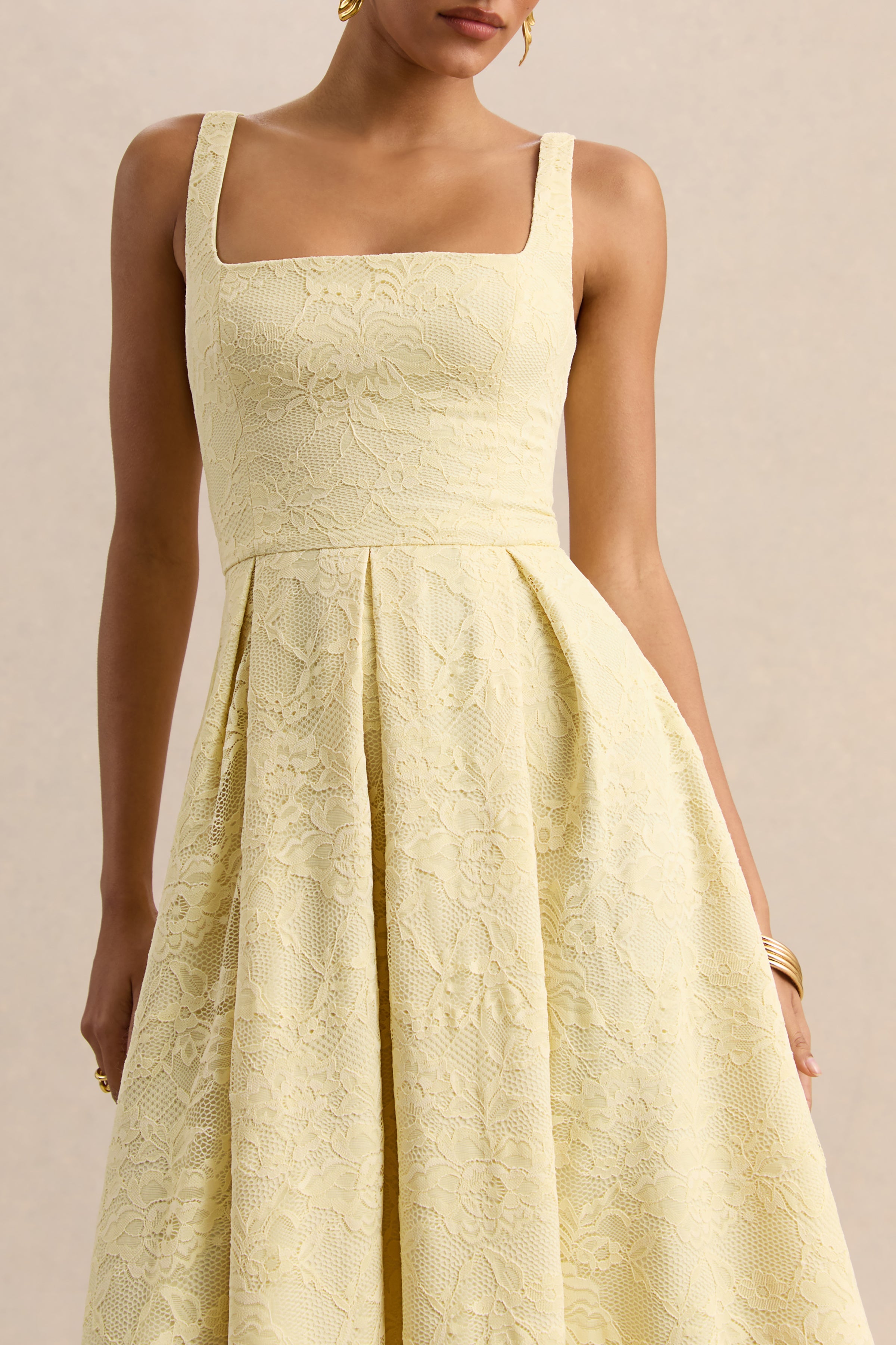 Ashmara | Lemon Lace Square-Neck Midi Dress