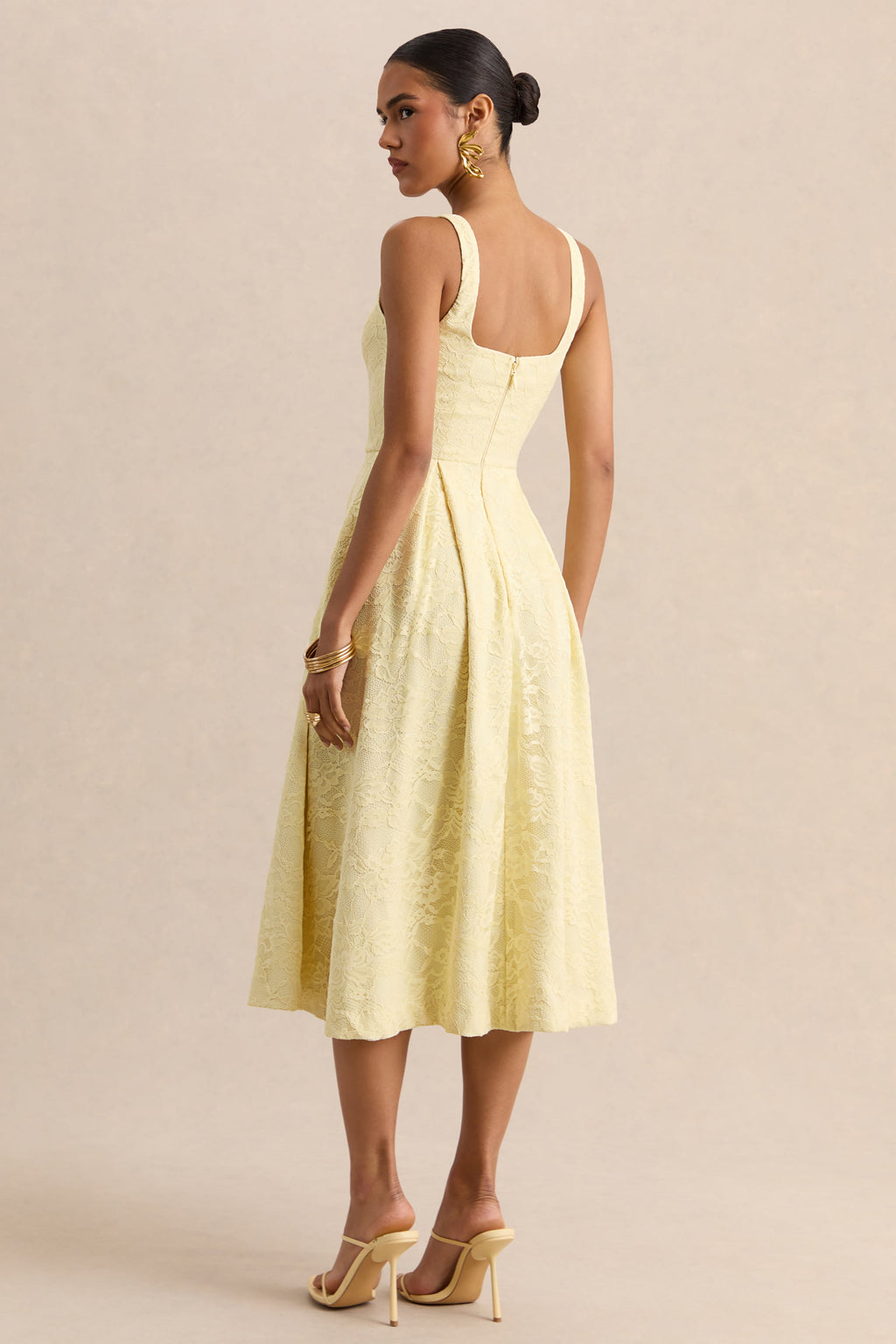 Ashmara | Lemon Lace Square-Neck Midi Dress