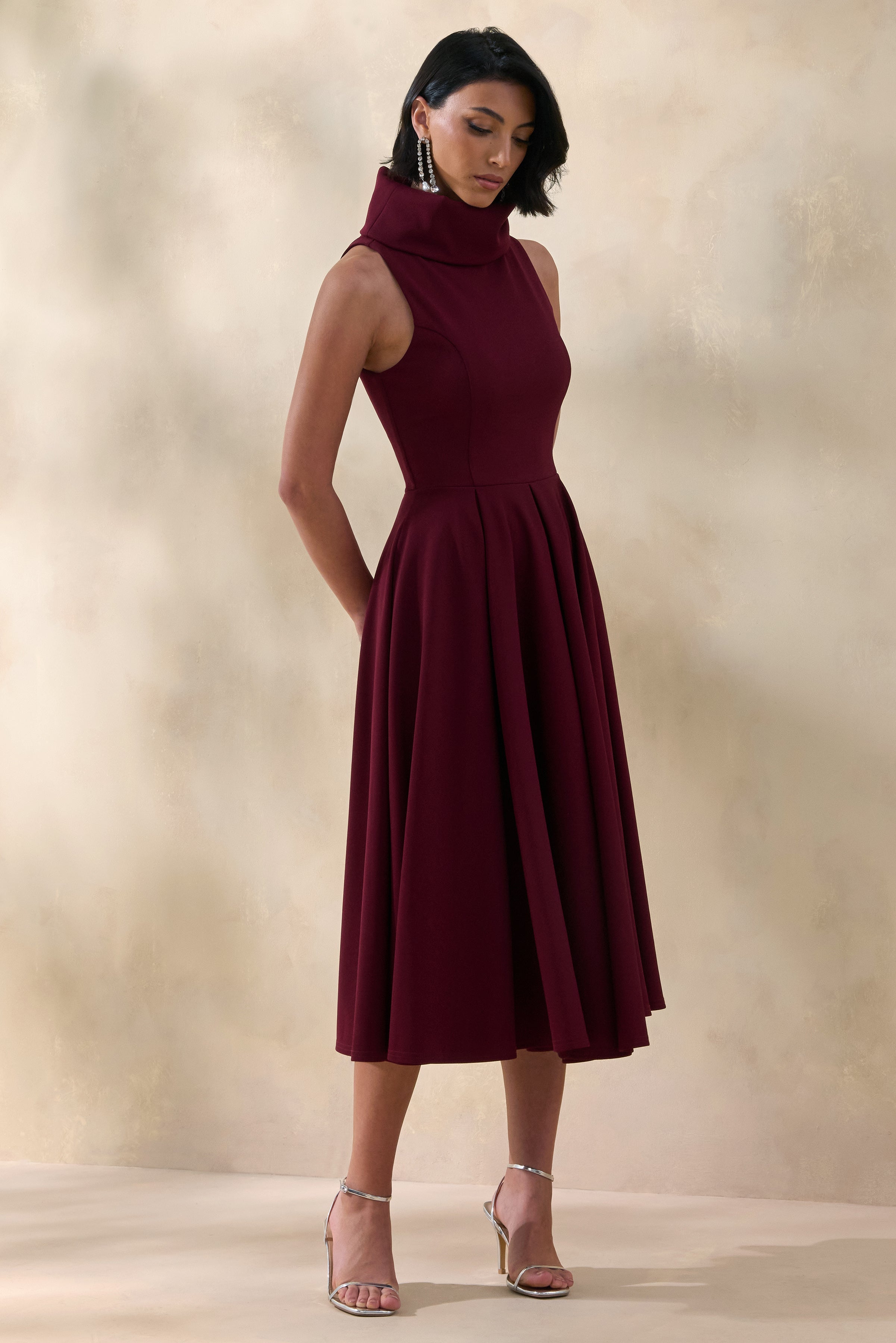 Exclusivity | Burgundy High-Neck Midi Dress