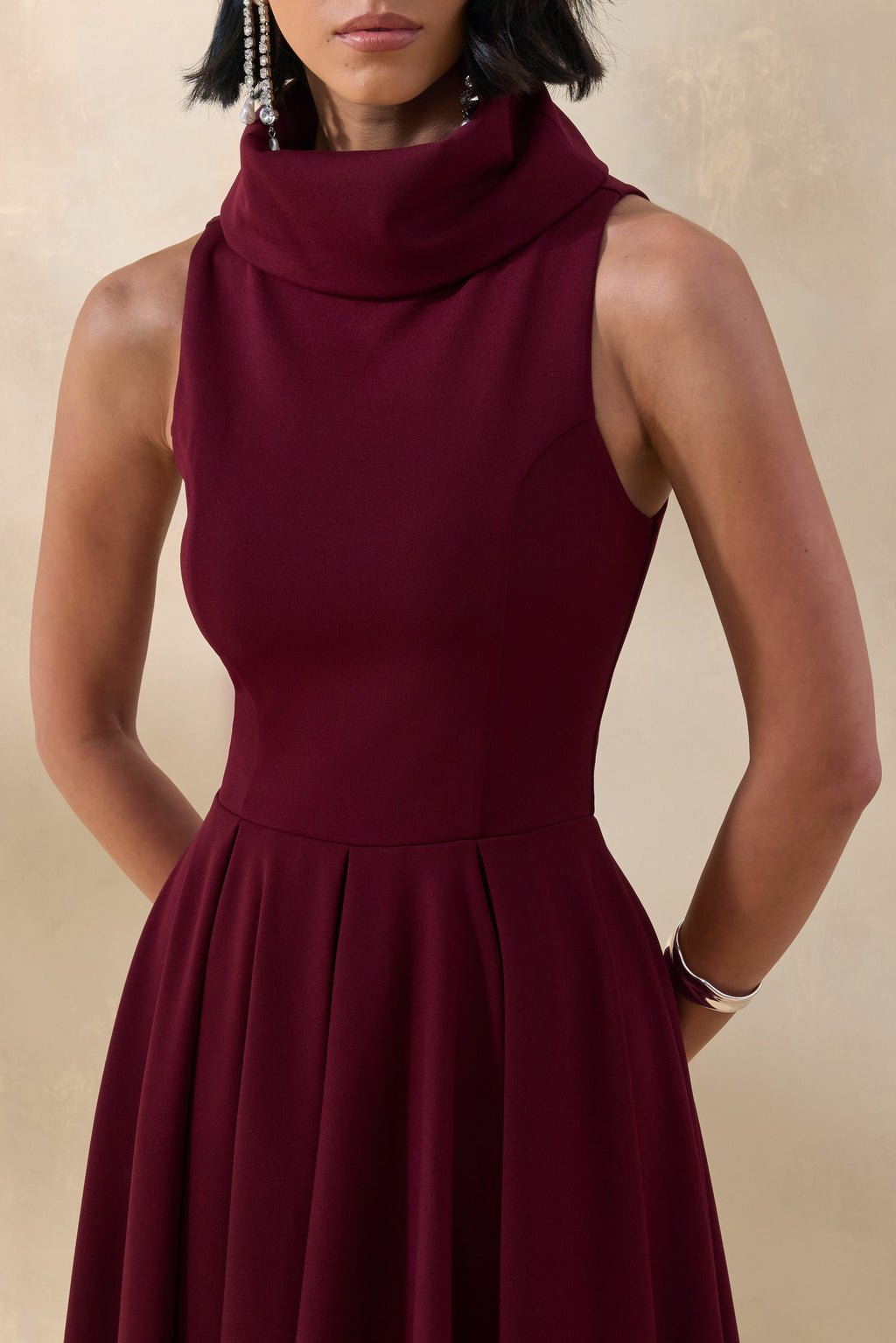 Exclusivity | Burgundy High-Neck Midi Dress
